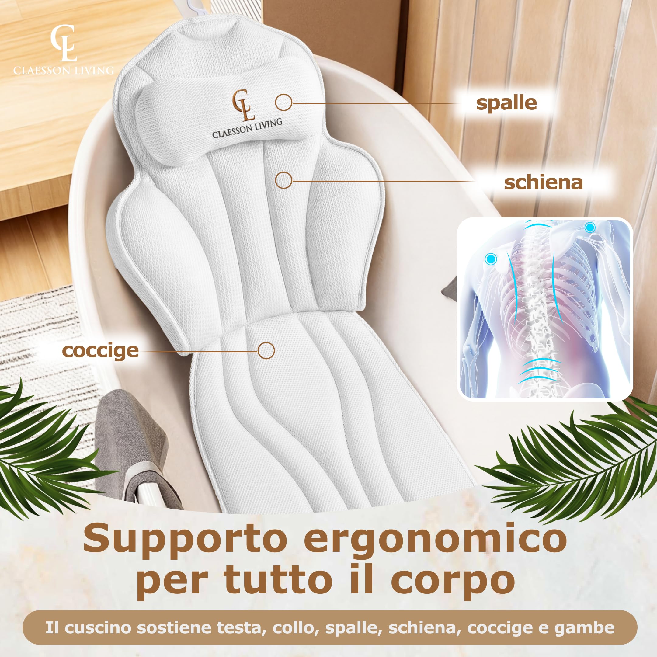 Cuscino Vasca da Bagno per Tutto il Corpo (152x56cm) – Cuscino Bagno con ventose e Poggiatesta (11cm); Supporta Collo, Schiena e Gambe – Incl. borse Lavaggio/Viaggio e Gancio Asciugatura – Bianco