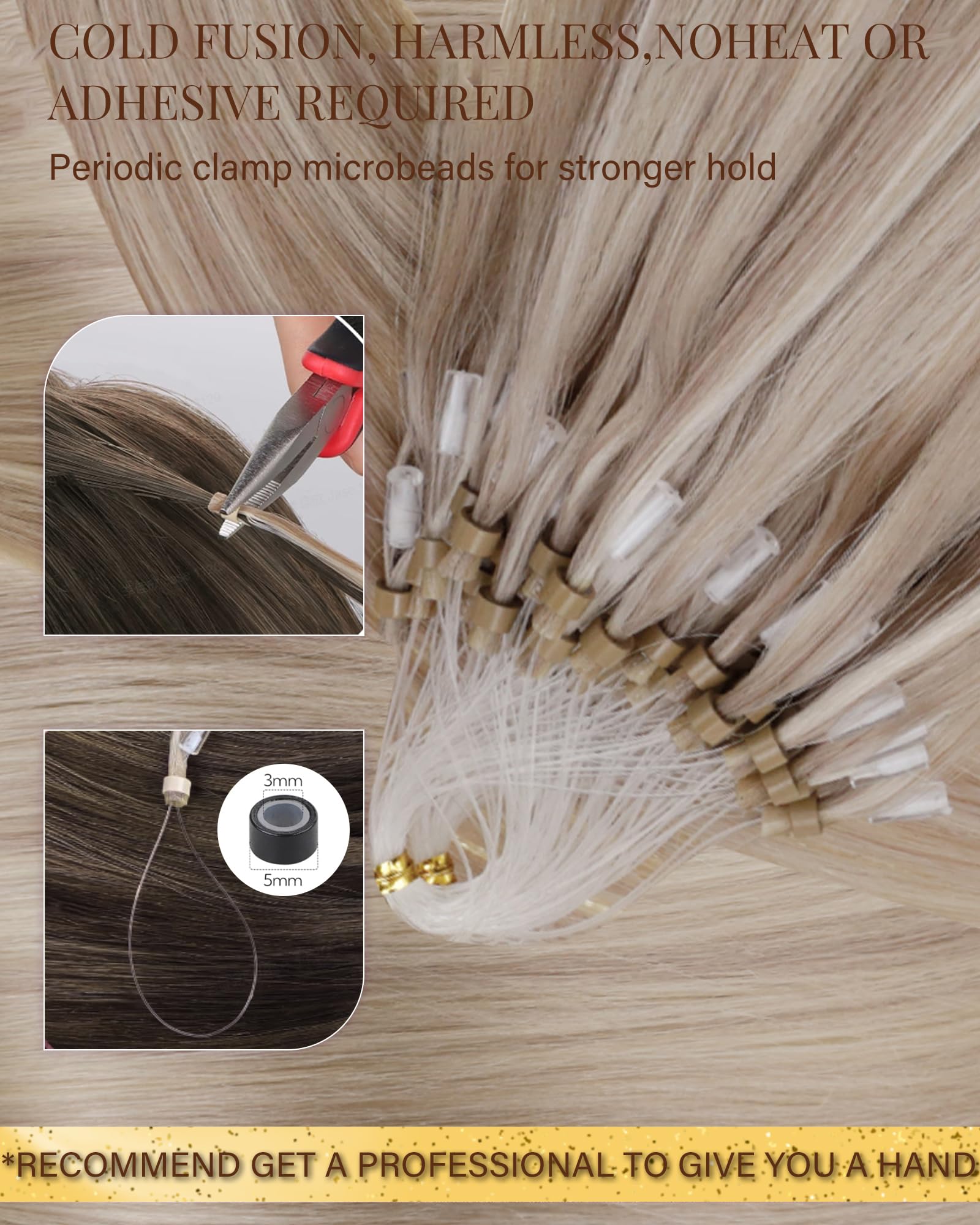 Hetto Micro Beads Hair Extensions Ash Blonde Mix Bleach Blonde 22 Inch, Micro Rings Real Human Hair Prebonded Extensions - Image 2