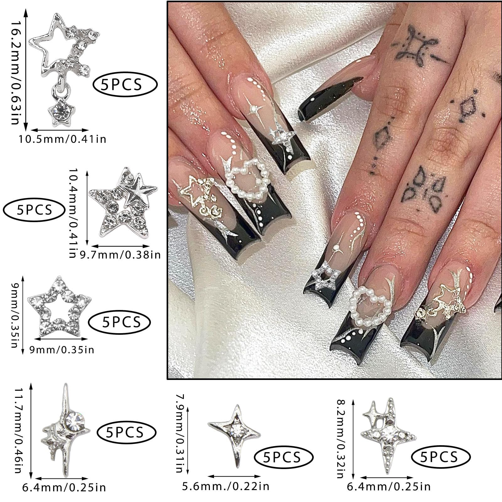 30 pièces de charmes à ongles en forme d'étoile, argent brillant, étoiles 3D, pierres à ongles, bijou d'ongle lumière d'étoile, charmes Y2K pour ongles en acrylique, décoration, scintillants