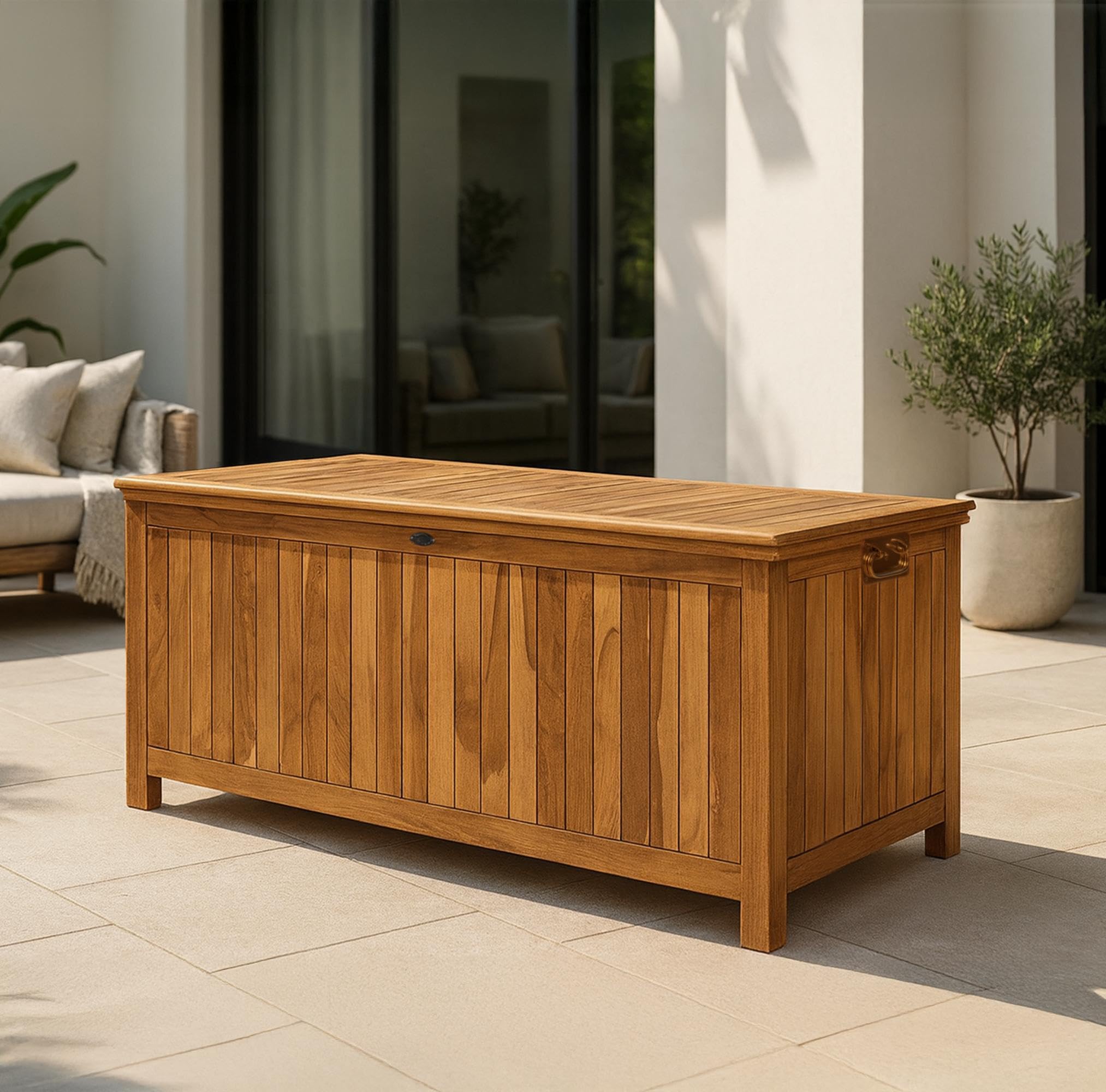 CLP Auflagenbox wasserdicht XXL Novena, große Gartenbox aus Teakholz wetterfest, Kissenbox outdoor für den Garten, Farbe:teak, Größe:160 cm