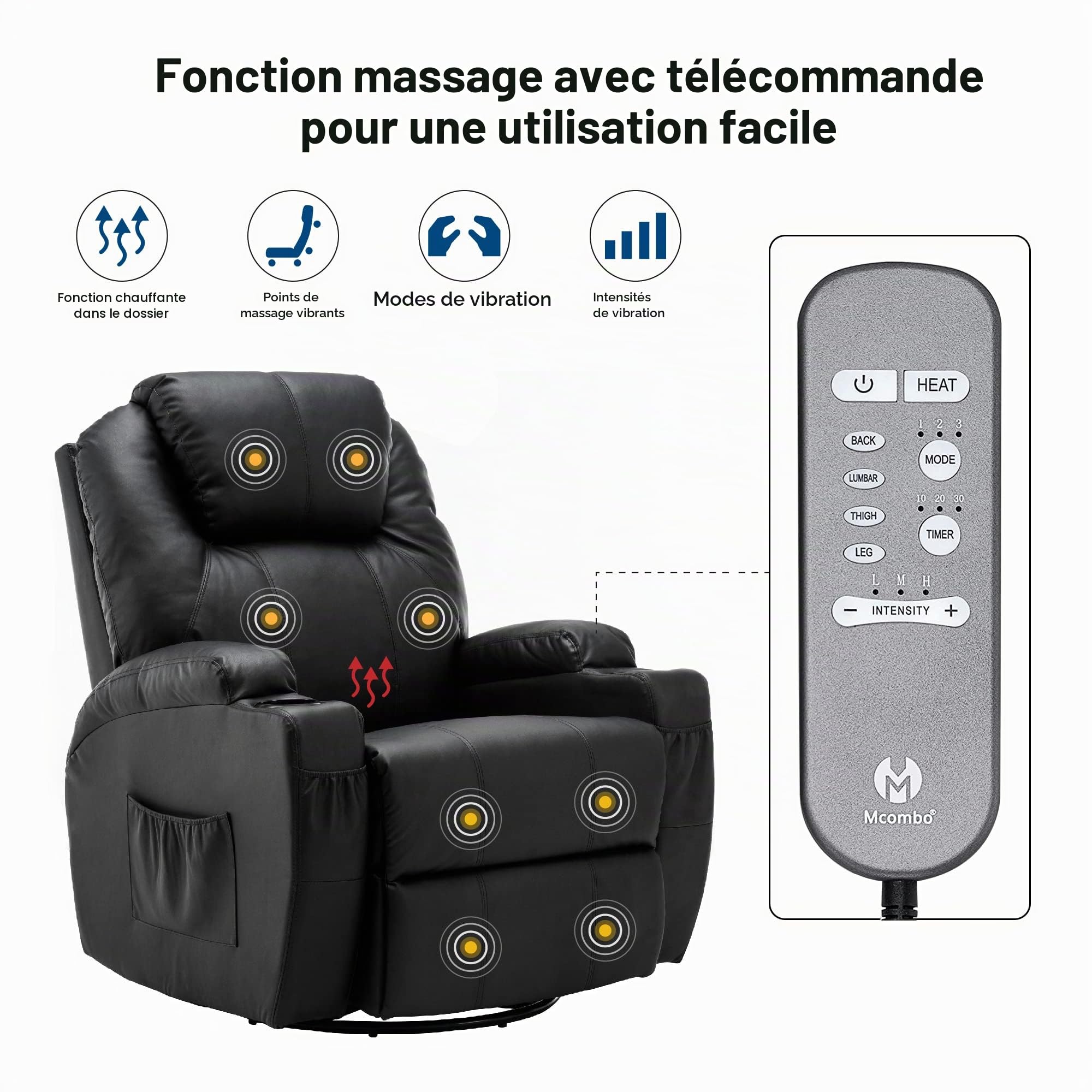 MCombo Fauteuil de Massage inclinable avec Chauffage pivotant à 360°,Noir 7020BK