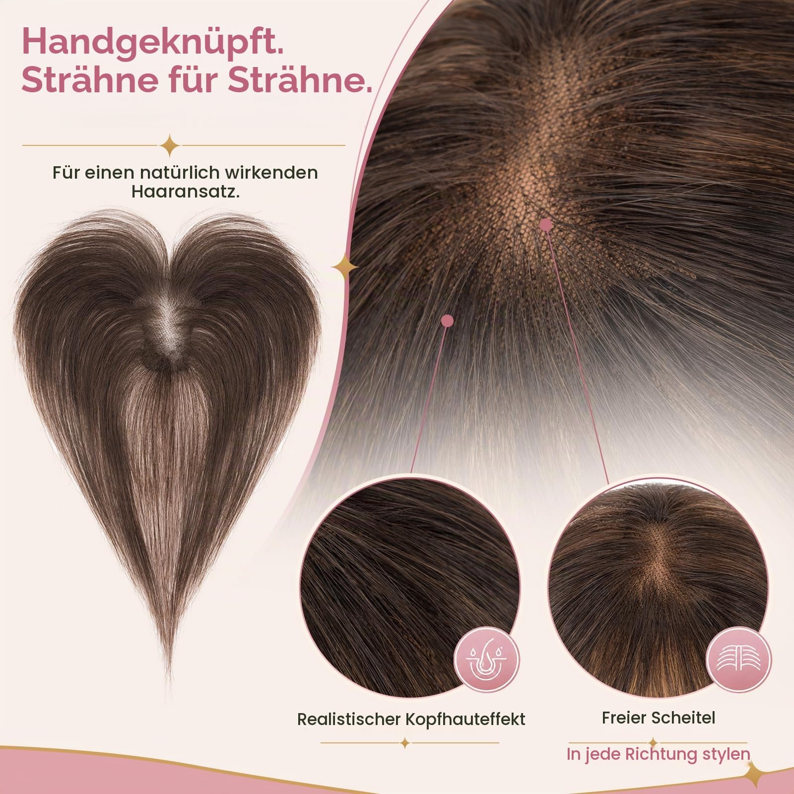 Silk-co Hair Topper Echthaar, 9x12cm handgebunden Basis Toupet Damen Braun mit Pony 27cm
