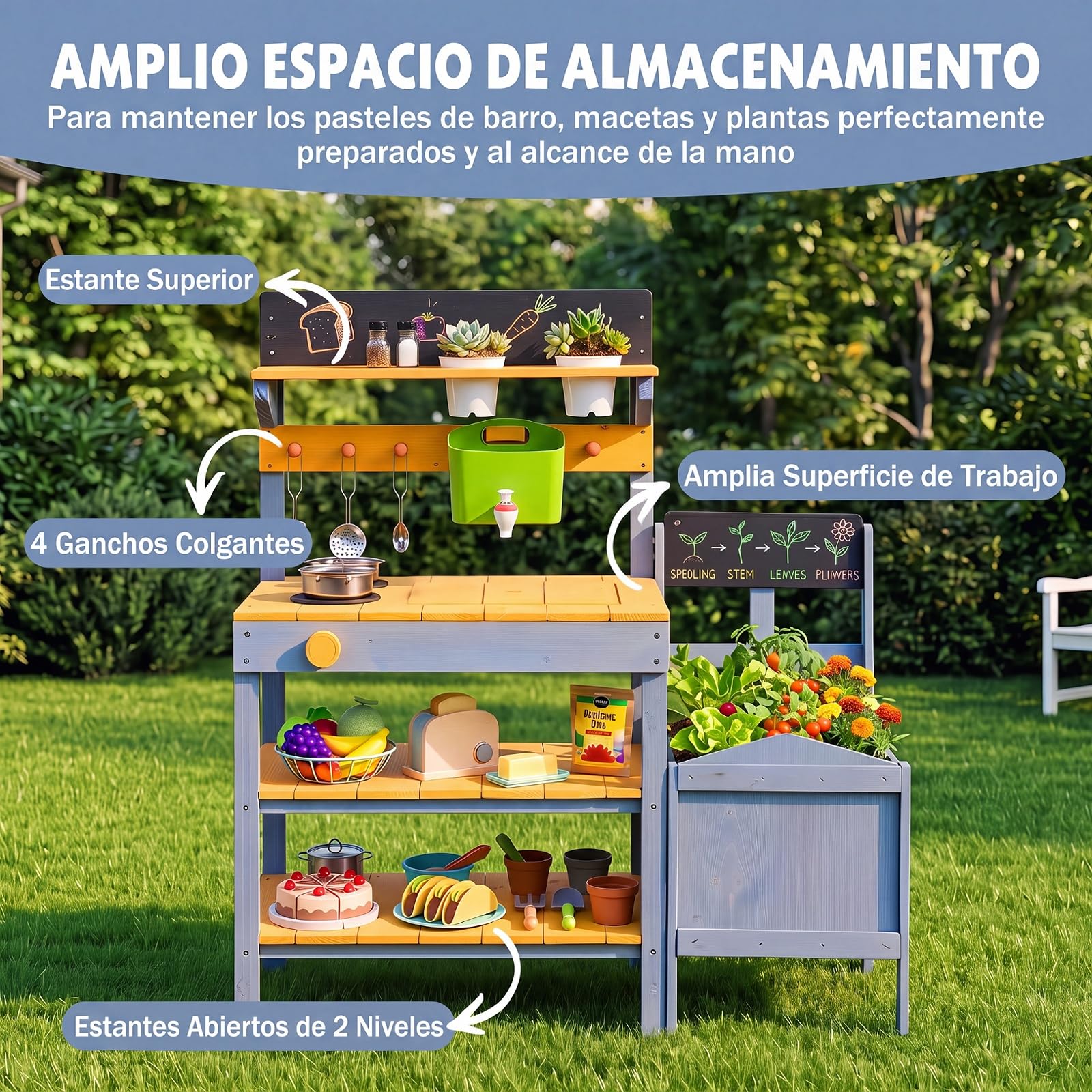 COSTWAY Cocina de Barro Exterior para Niños, Cocinita de Madera Infantil | con Jardinería, Estantes, Pizarras, Fregadero, Depósito de Agua, Macetas, Sartén, Juego de Rol para 3+ Años