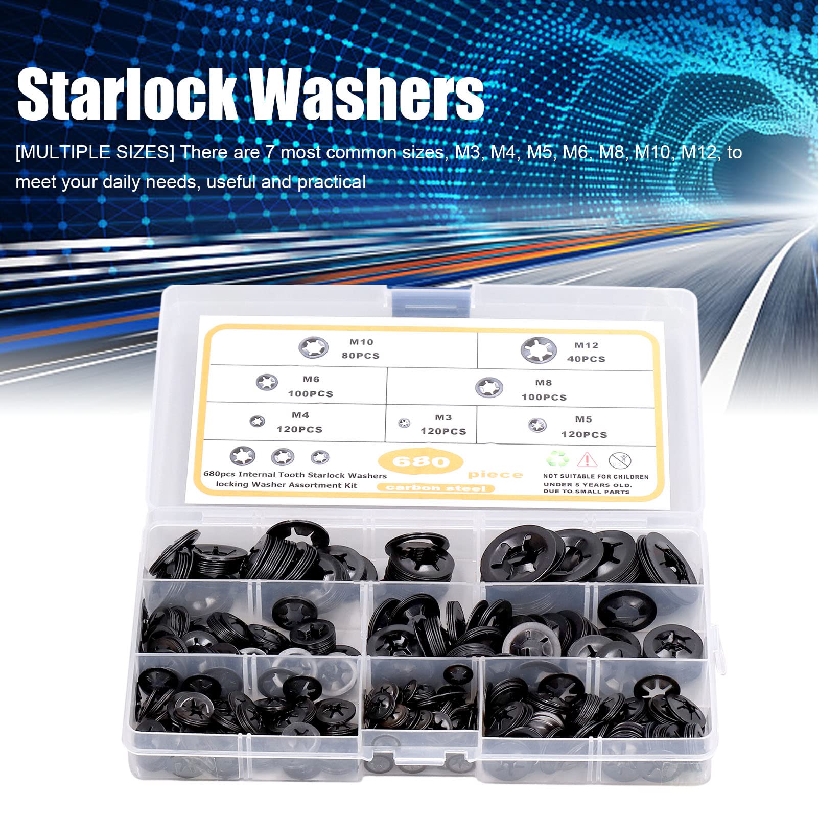QANYEGN 680Pcs Starlocks Washers, Push on Speed Clips Fasteners Washers, Internal Tooth Star Lock Washers for Mechanical and Electronic