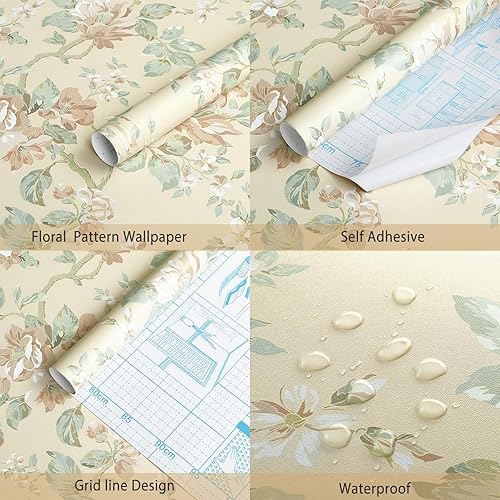 Miniatura 6 de Feisoon Papel tapiz floral azul para despegar y pegar, papel tapiz autoadhesivo de 16.14 x 78.7 pulgadas, papel de contacto de hojas marrones,