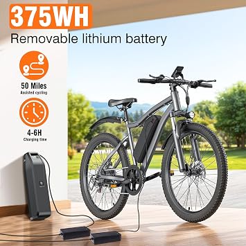 Electric Bike for Adults, 26 Commuter Ebikes with 5-Level Pedal Assist & 7-Speed Gears, 25MPH, 720W Motor, 375Wh Battery, 50 Miles, Lockable Suspension Fork, Lightweight Electric Mountain Bicycles.