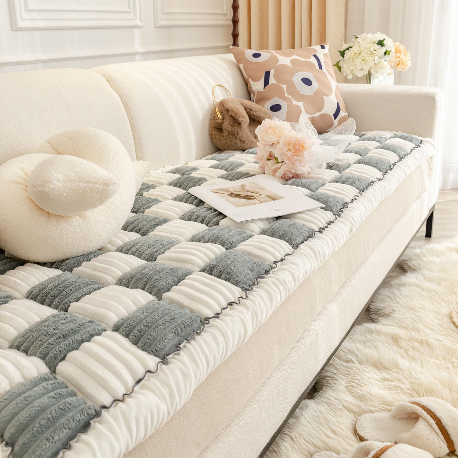 ShowyLive Sofa Covers 1 2 3 4 Seater Non Slip Sofa Slipcovers Super Soft & Thick Corduroy Sofa Cushion Covers Sofa Protectors from Pets/Kids/Dogs(White and Gray, 28 * 83 inch/70 * 210CM) — image 1