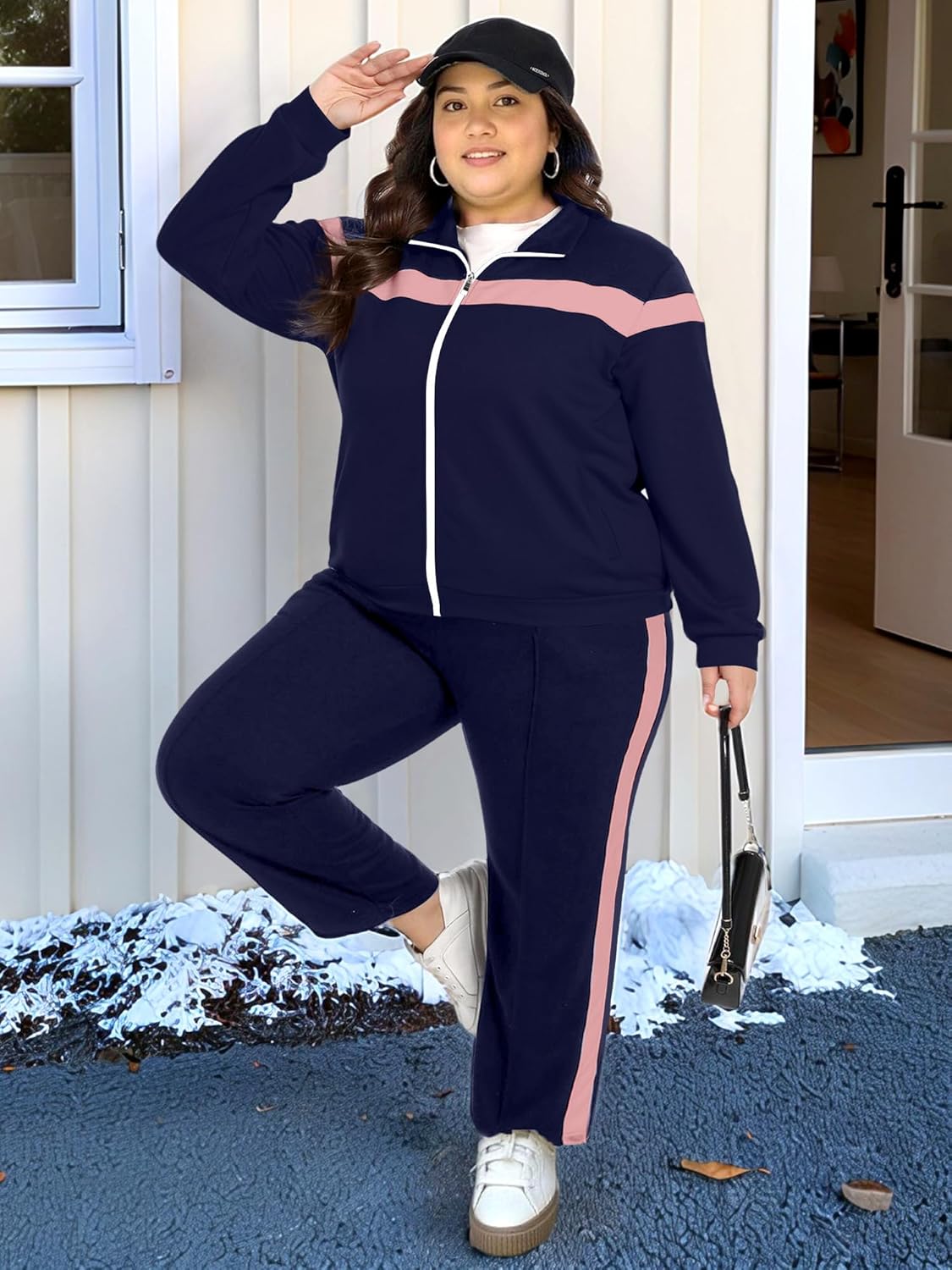 UOUA Plus Size Womens 2 Piece Sweatsuits Outfits Zip Up Jackets & Sweatpants Casual Loungewear Tracksuit Sets - Image 3