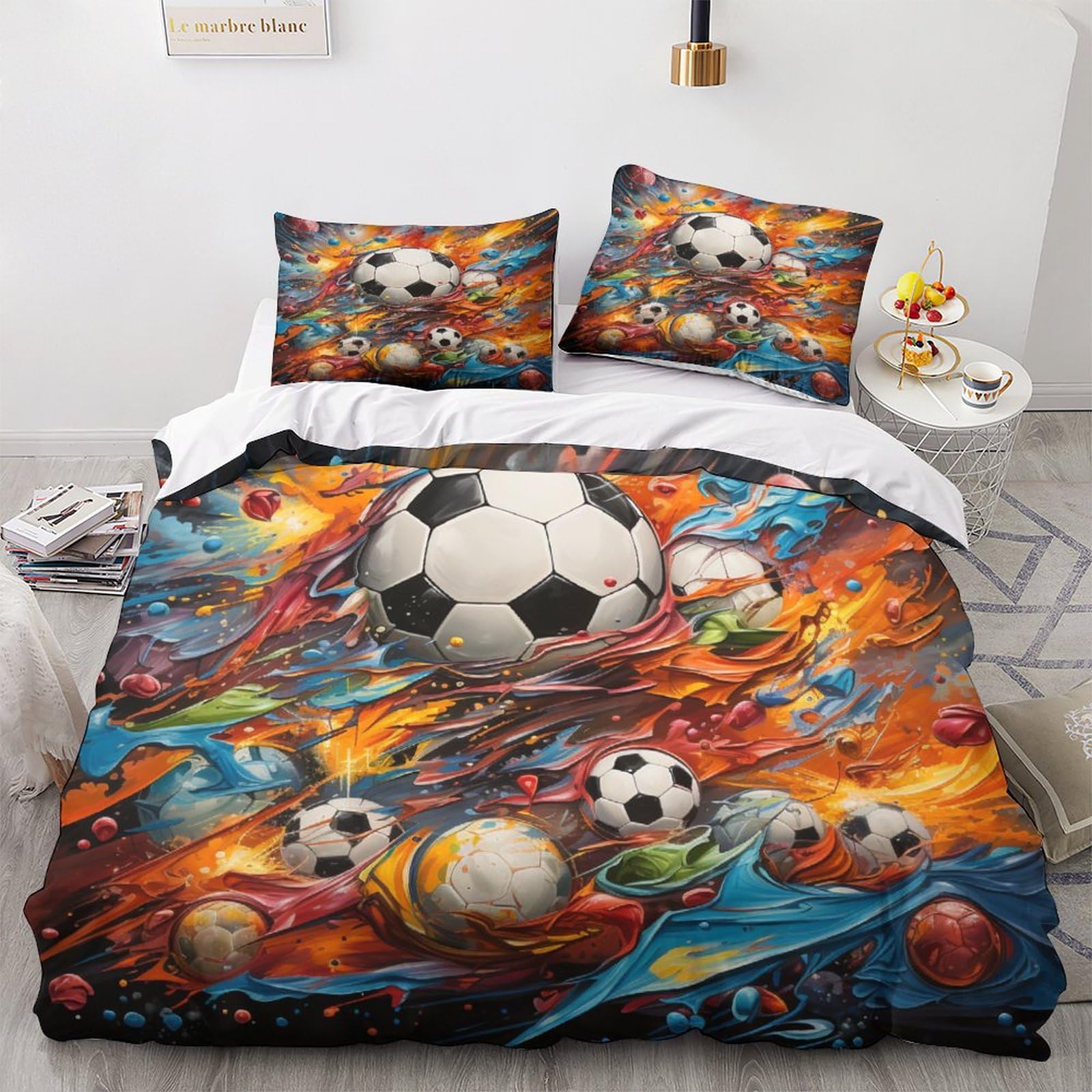 Housse de couette football 220x240 cm avec 2 taies d'oreiller pour lit King parure sportive 3 pièces