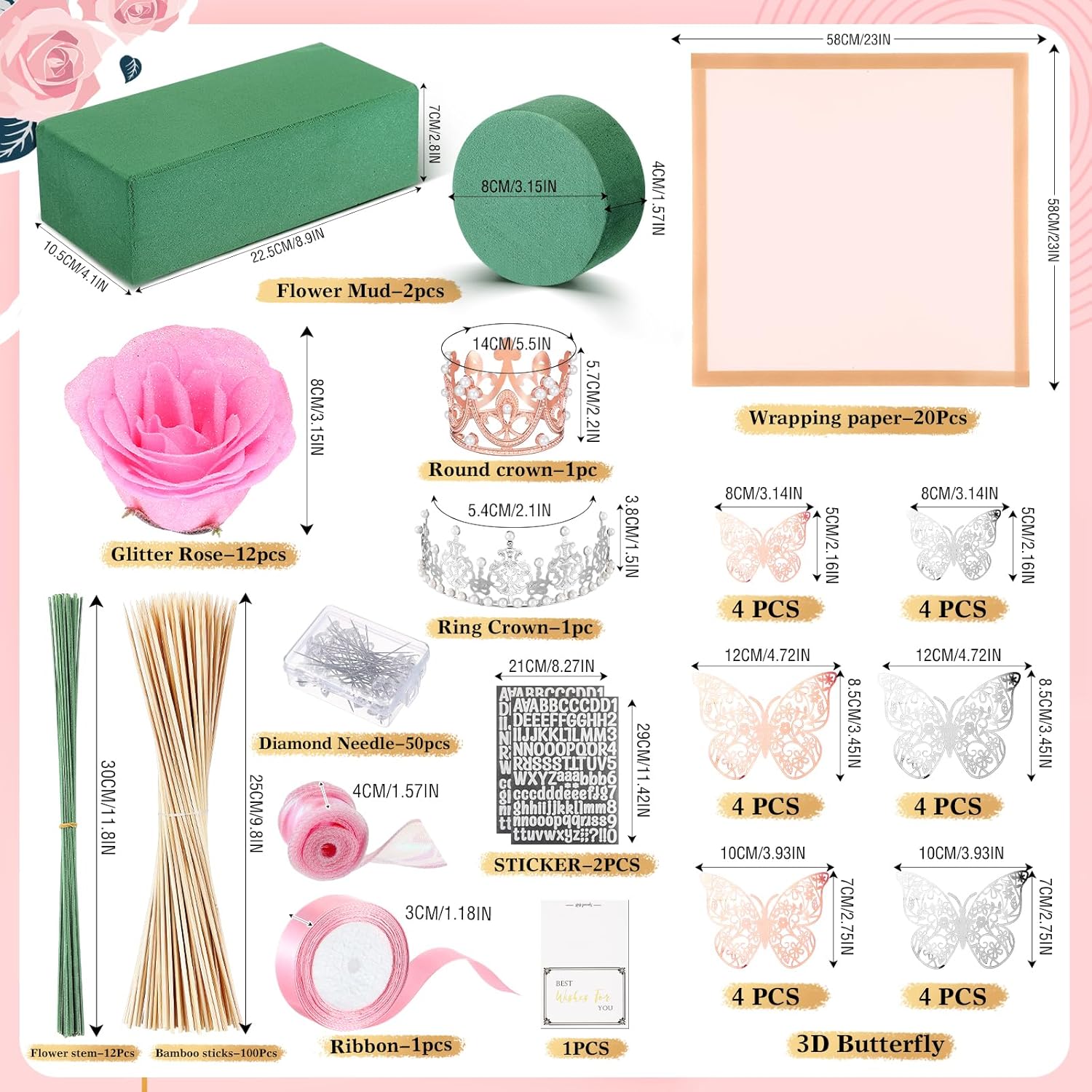 Maysing Money Bouquet Kit 12 Pcs Glitter Roses 20 Sheet Flower Wrapping Paper DIY Flower Bouquet Floral Foam Blocks Sticker for Anniversary Birthday Mother's Day Graduation(Pink+rose Pink)
