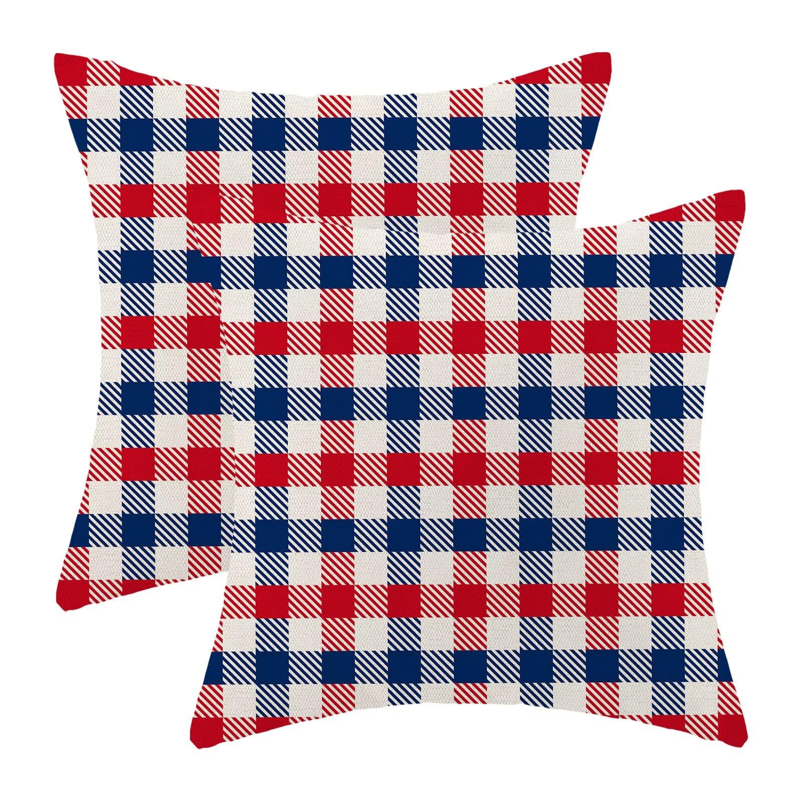 BETGINY 4th of July Patriotic Pillow Covers 18x18 Set of 2, Memorial Day Blue Red Plaid Decorations Throw Pillow Covers Linen Independence Day Cushion