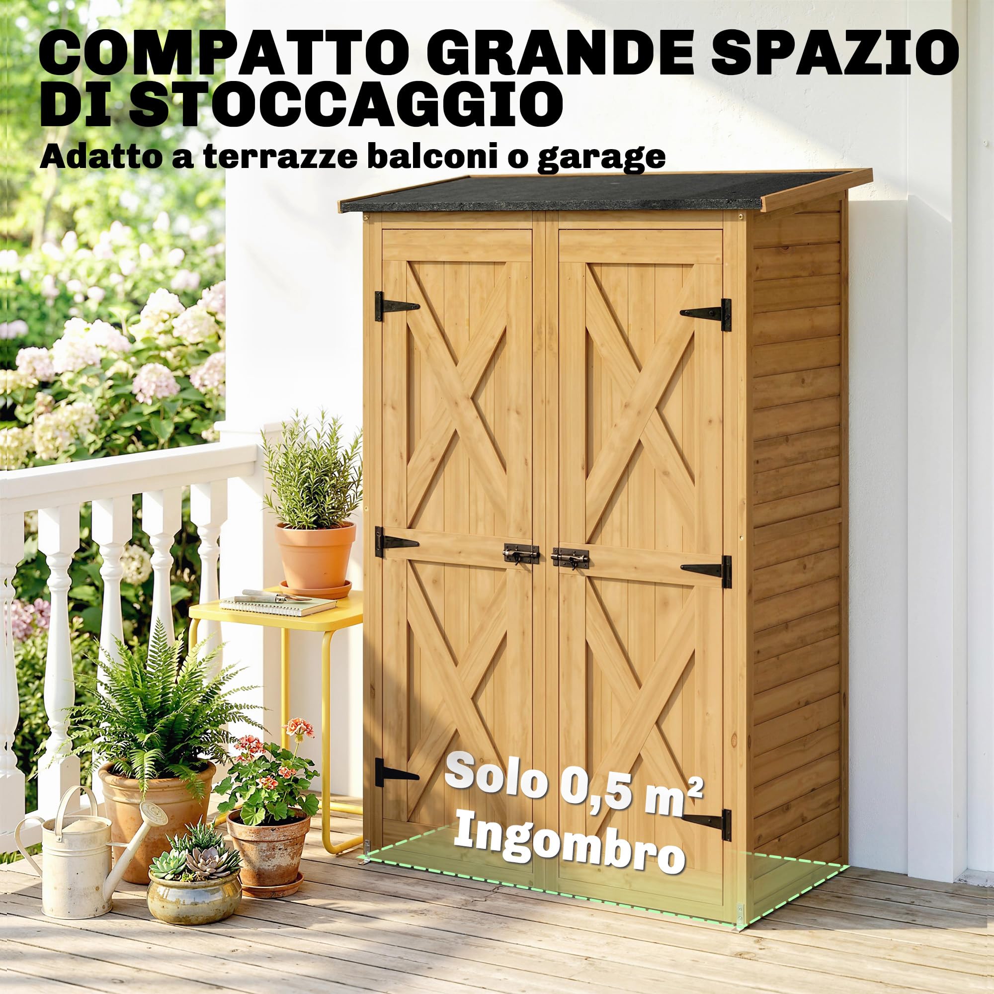 Outsunny Armadio da Giardino Legno Abete Casetta Attrezzi 2 Ripiani Doppia Porta Chiavistelli Tetto Inclinato 115x53x156 cm Marrone