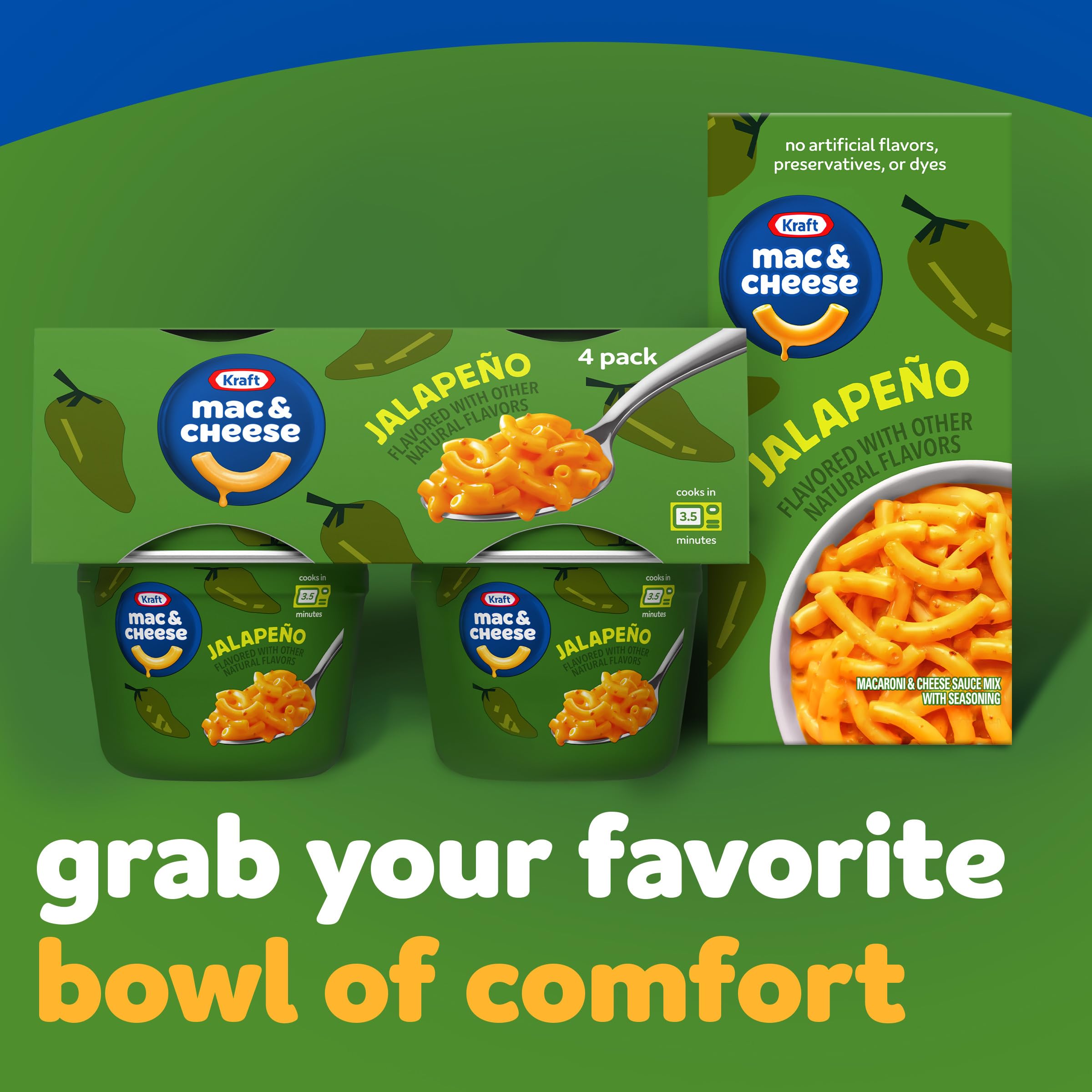 Kraft Mac and Cheese, 4 Cups, for Easy Dinner or Dinner Sides, Jalapeño Flavored with Other Natural Flavors, No Artificial Flavors, Preservatives or Dyes, 2.05 oz