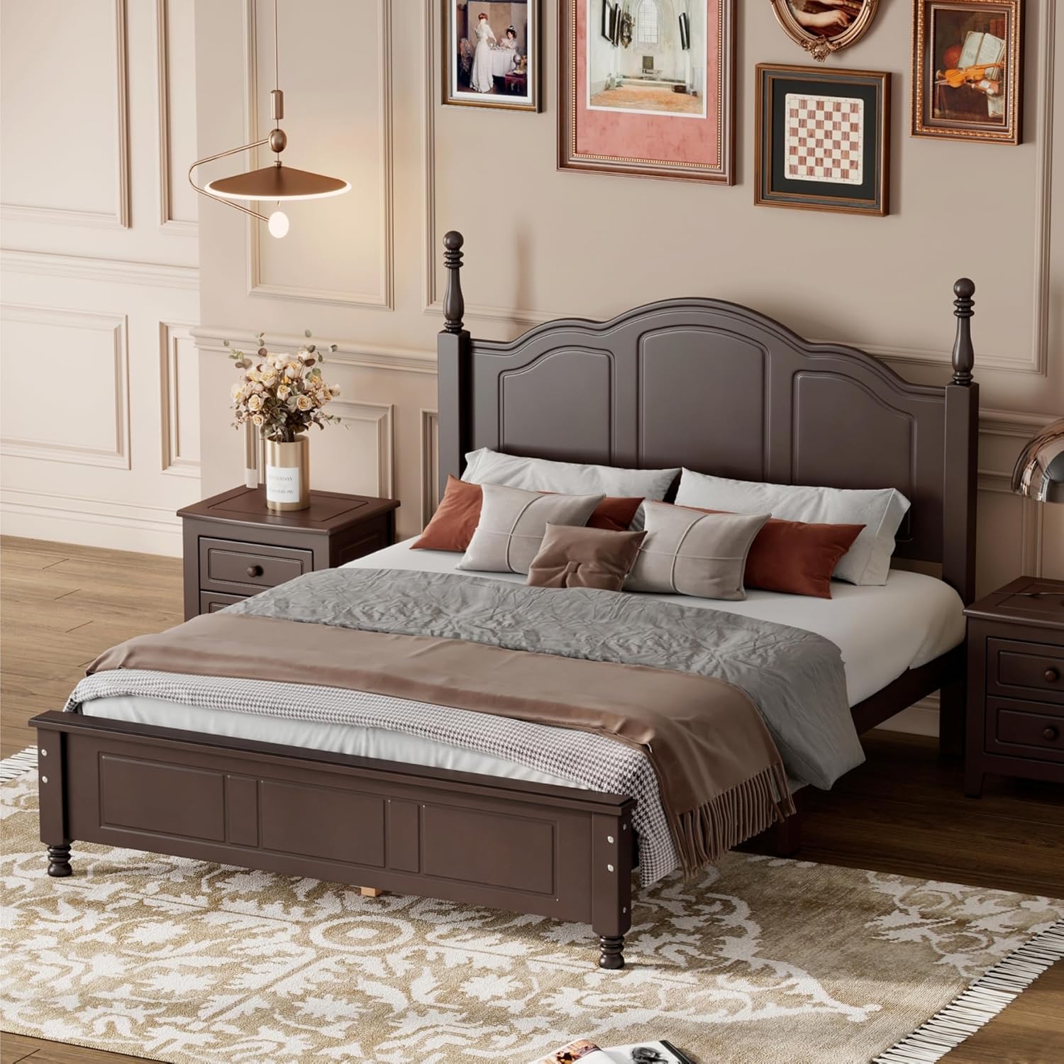 Polibi Full Size Retro Platform Bed, Solid Wood Bed Frame with Classical Headboard, No Spring Box Needed, Dark Walnut