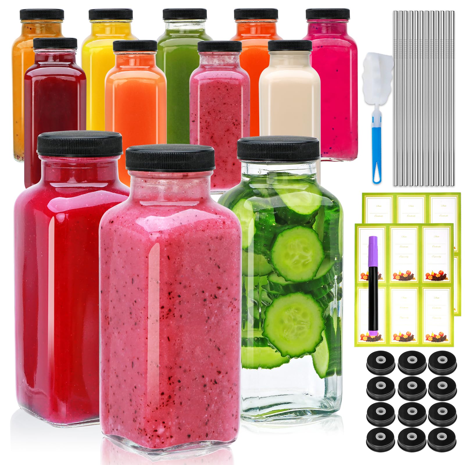 Maredash 12oz Glass Bottles with lids,juice bottles gifts for women,glass bottles with lids,glass water bottles. Kit includes Stainless Steels Straws,Two Types of Lids,Cleaning Brush 12pcs