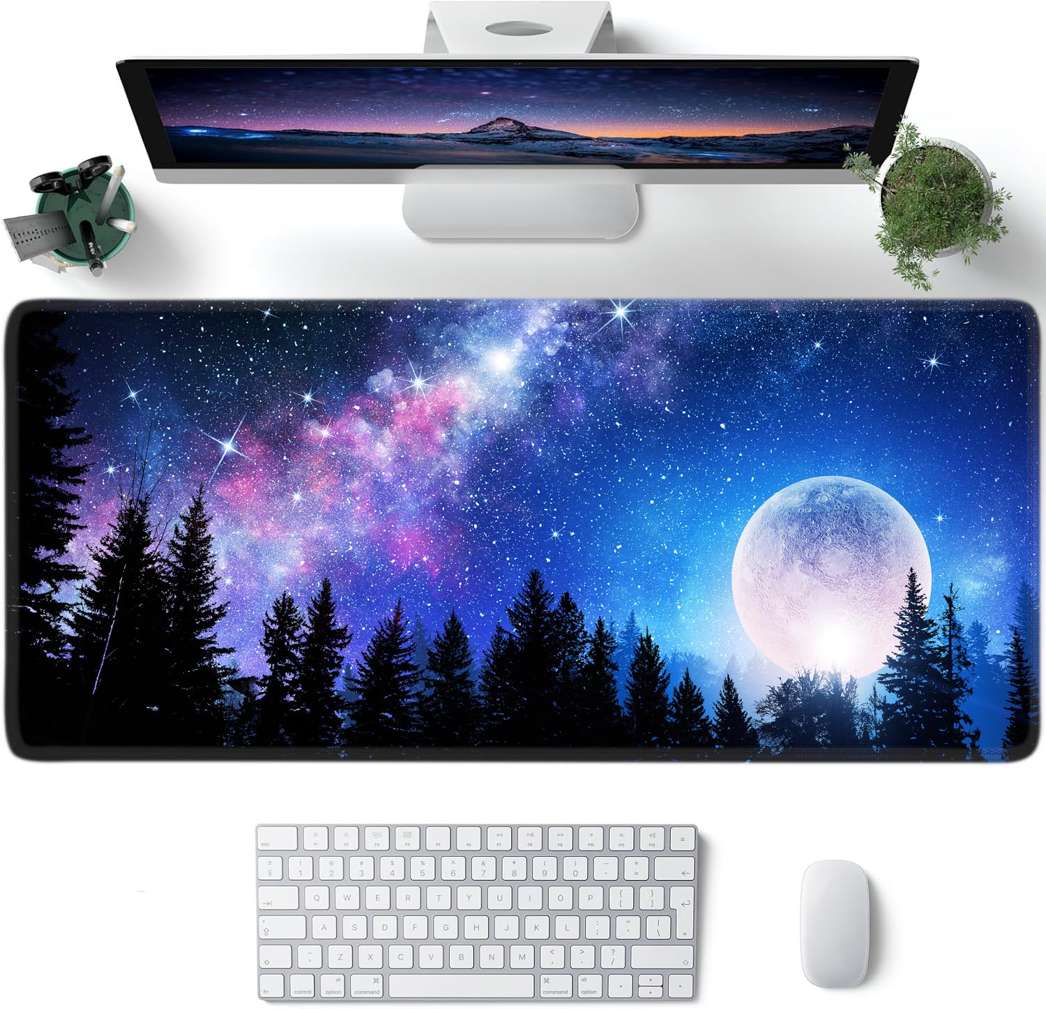 Rozszerzone duże podkładki pod mysz na biurko – ponadwymiarowa antypoślizgowa mata na biurko z klawiaturą komputerową dla graczy, do pracy i domowego biura, 90 x 40 cm (galaktyka las księżyc)