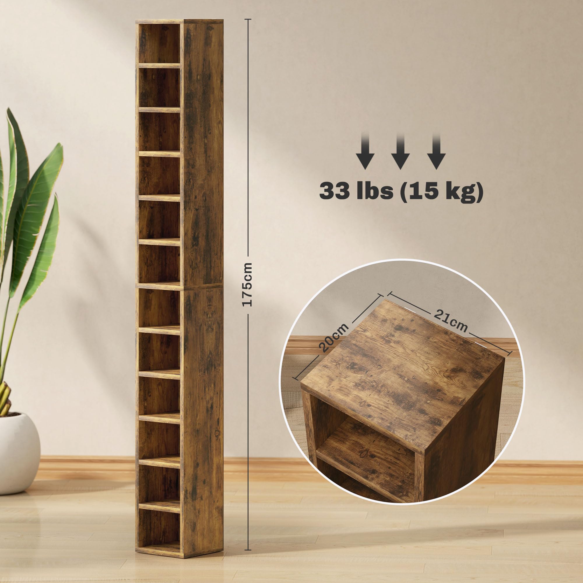 HOMCOM Regał do przechowywania płyt CD 204 z 12 kostkami, regał na książki o wysokości 175 cm do salonu, domowego biura, gabinetu, rustykalny brązowy