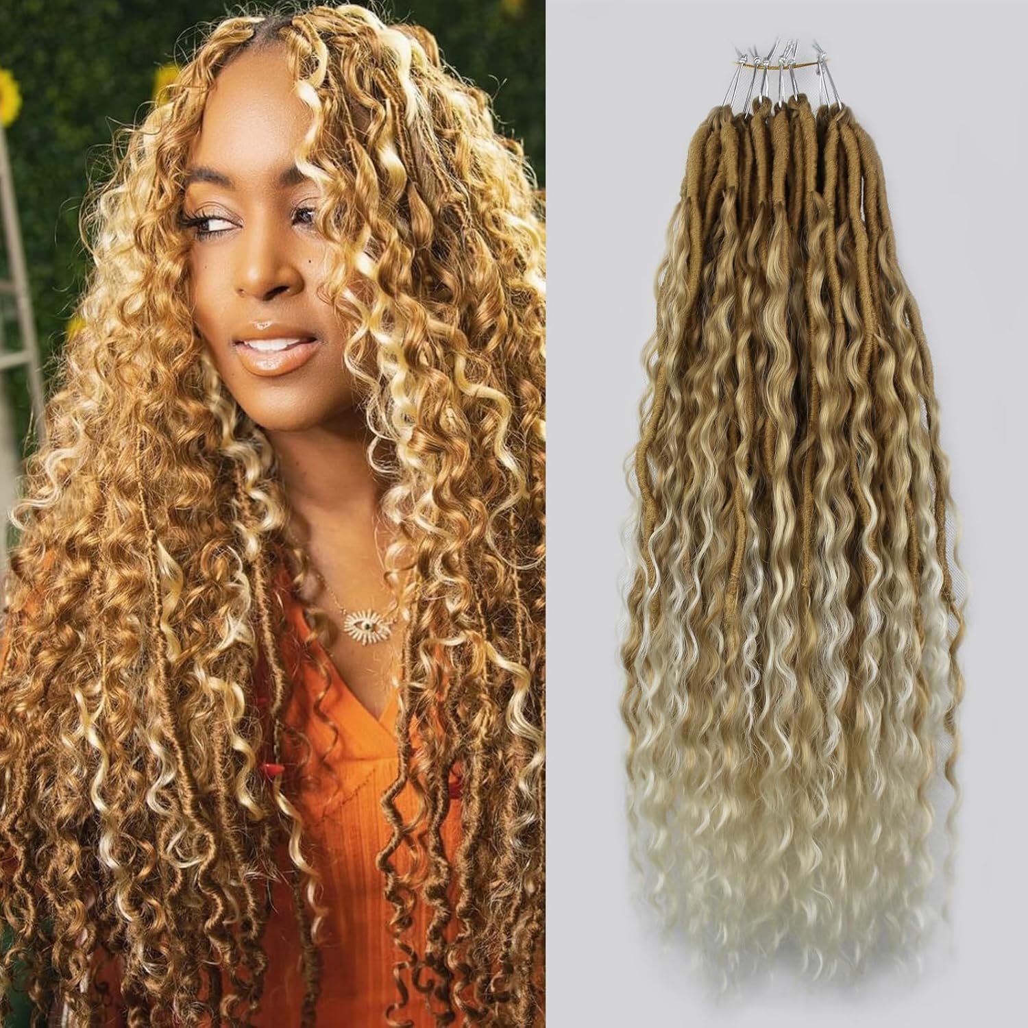 Knovotch Boho Faux Locs With Curly Pure Protein Fiber Close to Human Hair Curls 24 Inch Pre-Looped Crochet Goddess Faux Locs Bohemian Loc Crochet Hair