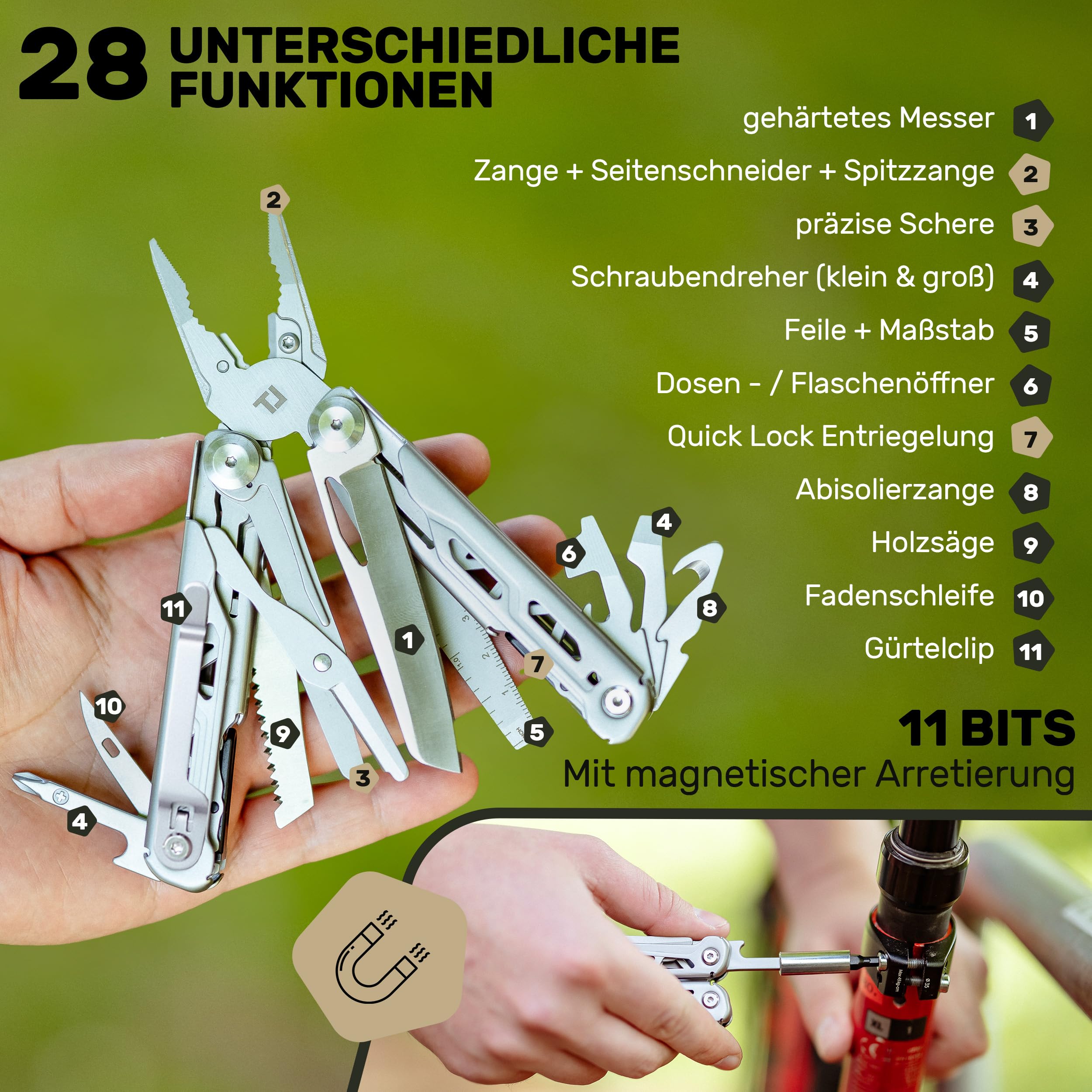Multitool [440C Edelstahl] Outdoor Camping Survival Multitool Werkzeug Messer, Überlebensmesser, Taschenmesser, Multifunktionswerkzeug, Multi Tool, Multifunktionsmesser (Caveman Plus)