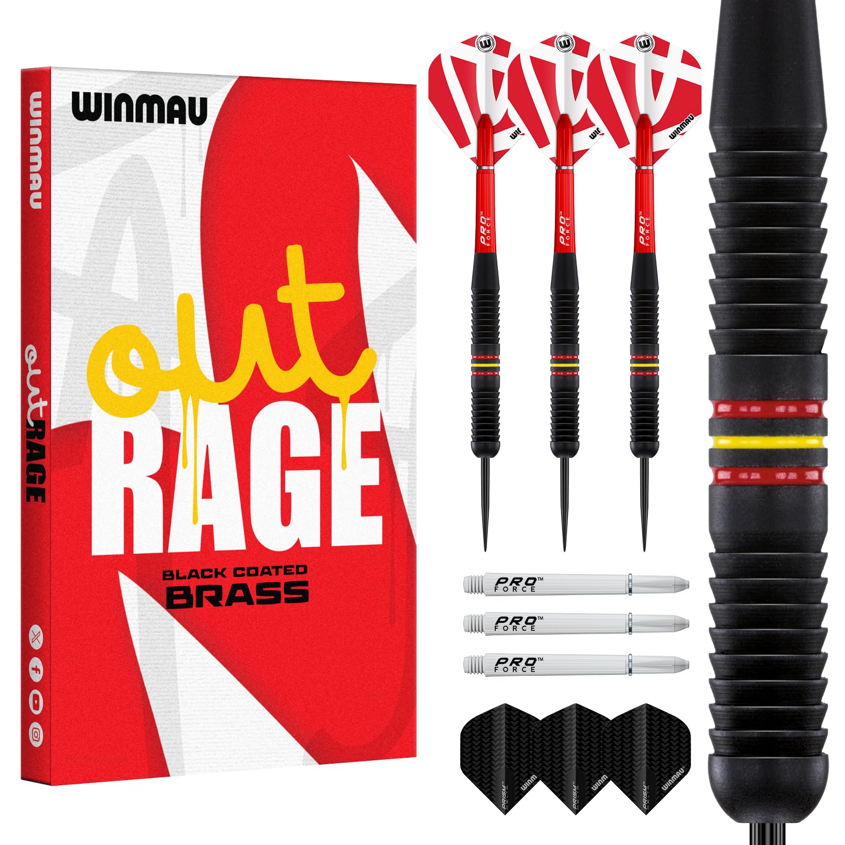 WINMAU Darts | Outrage Professional Darts Set 20g Steel Tip | Brass Dart Set |Outrage Red White Flights or Prism Alpha Black Flights – Pro Force Shafts | Amazon Exclusive