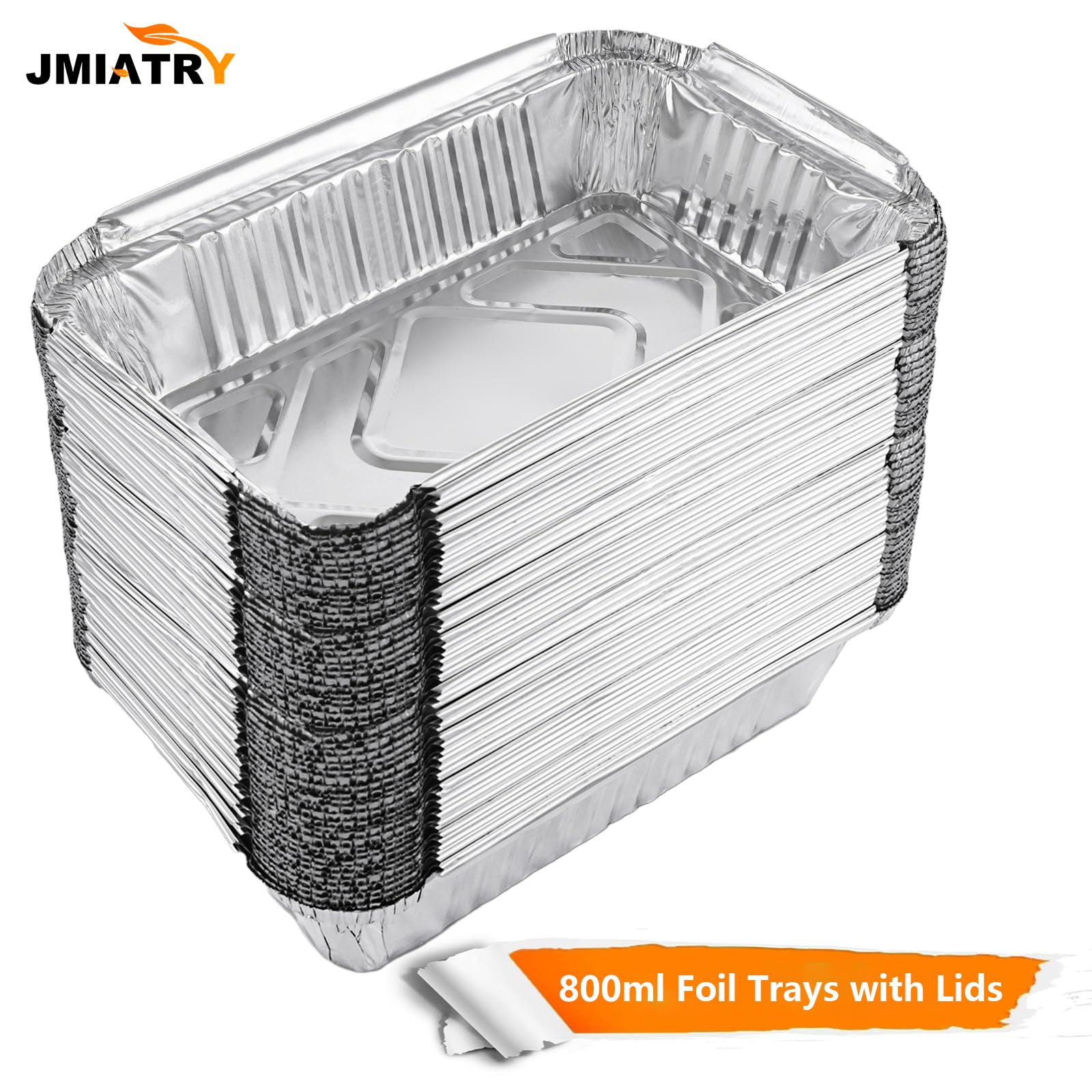 JMIATRY 100 vassoi in alluminio con coperchi, 21 x 14 x 5 cm, contenitori usa e getta con coperchio, 800 ml, vassoi da asporto per conservare alimenti, arrostire, cuocere, grigliare e congelare