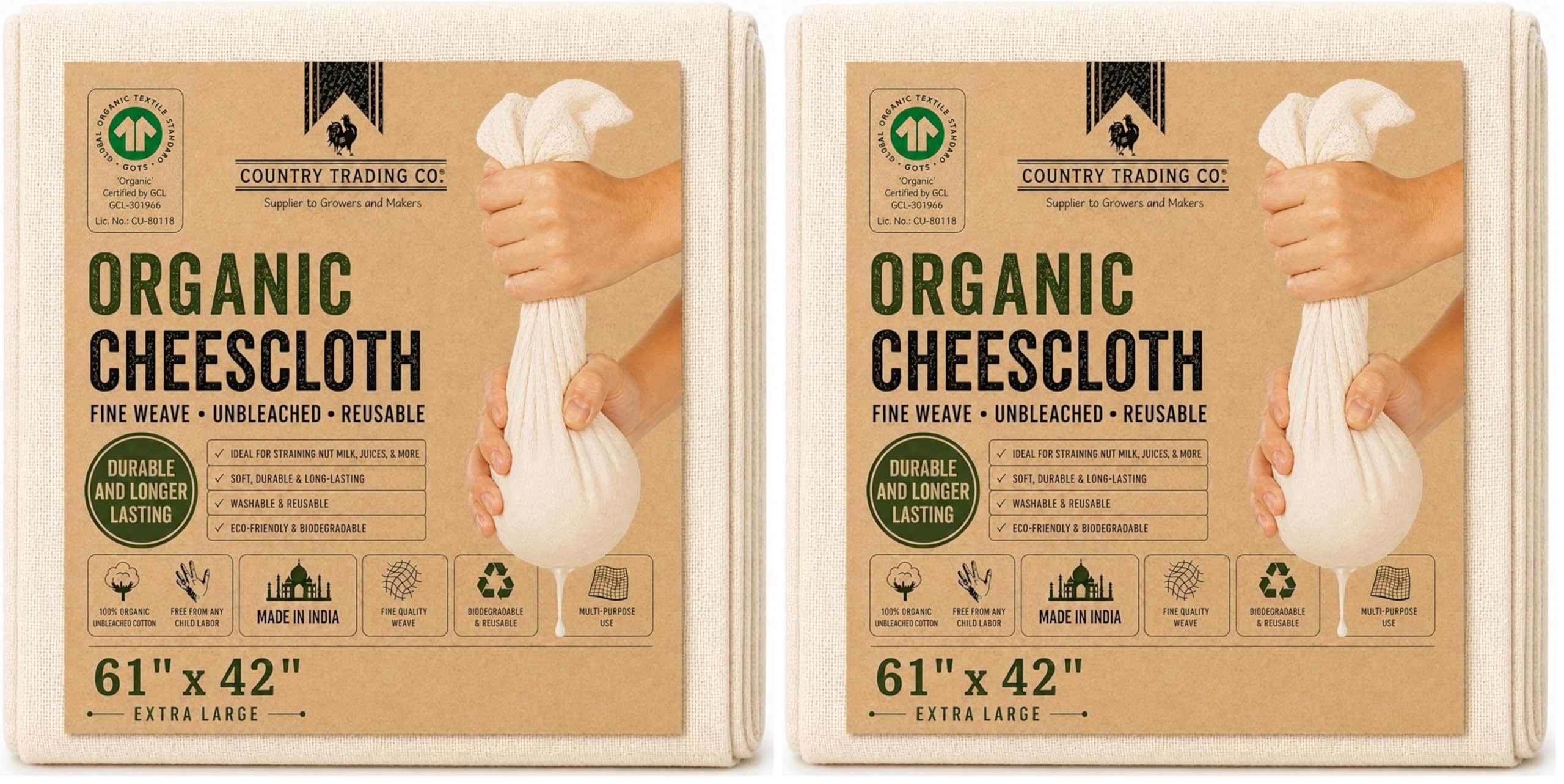 Organic Unbleached Cotton Cheesecloth – GOTS Certified Muslin Cloth for Straining &amp; Cooking, Reusable Kitchen Filter, Large 18 sq ft (Pack of 2)