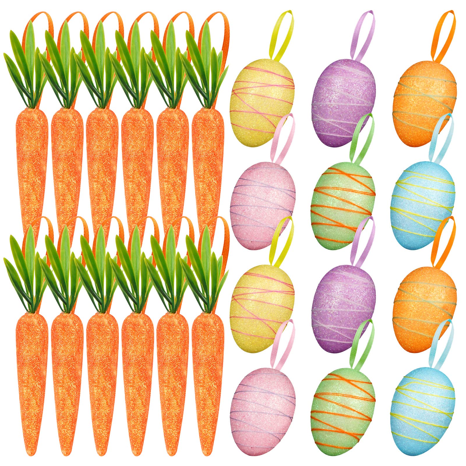YBB 24 PCS Easter Egg Carrot Ornament, Foam Glittering Hanging Eggs Carrots for Easter Party Supplies Tree Decoration