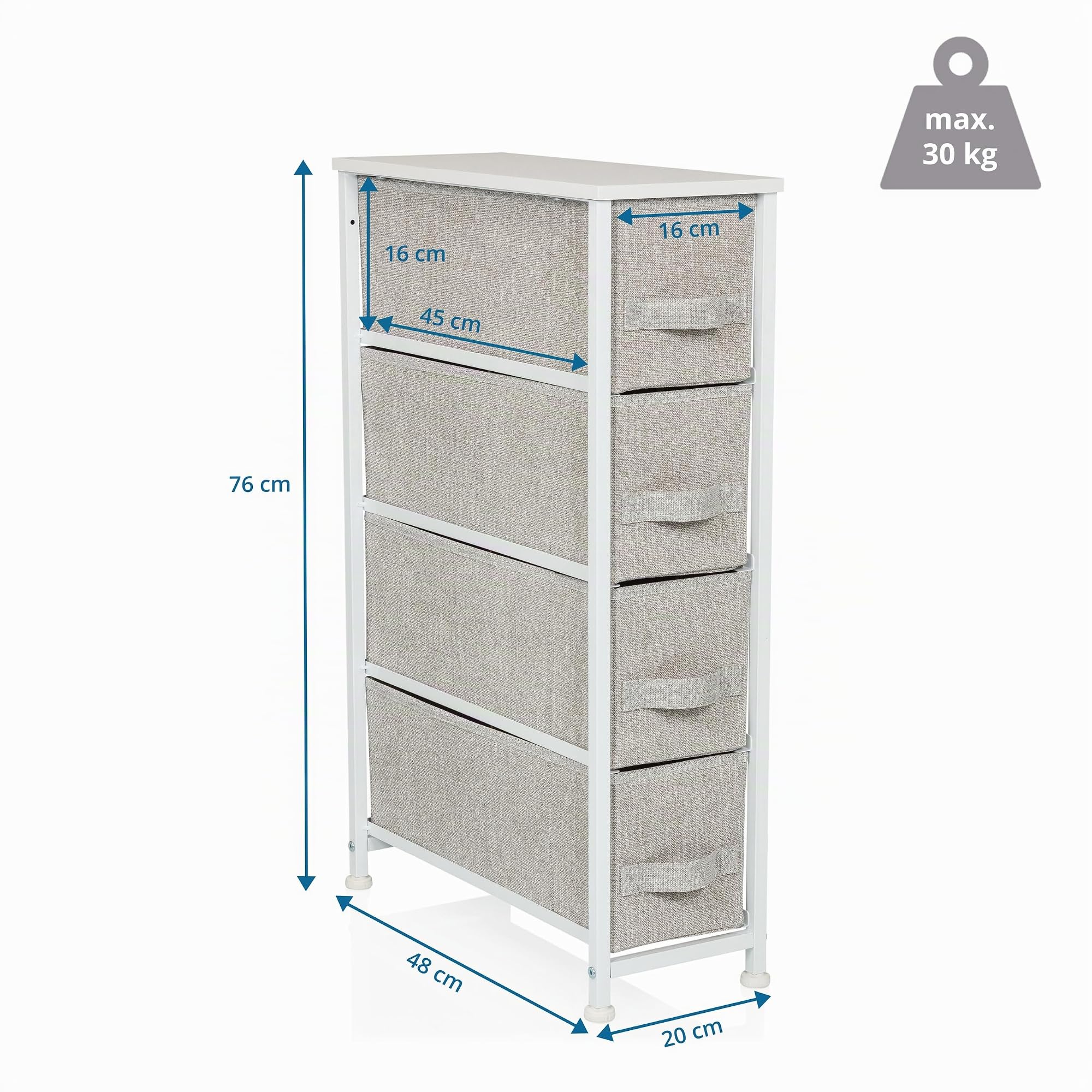 Cassettiera con 4 cassetti in tessuto FOLDRESS S 20x48x76 cm Organizzatore per cassetti, piedini regolabili in altezza, struttura in metallo, grigio