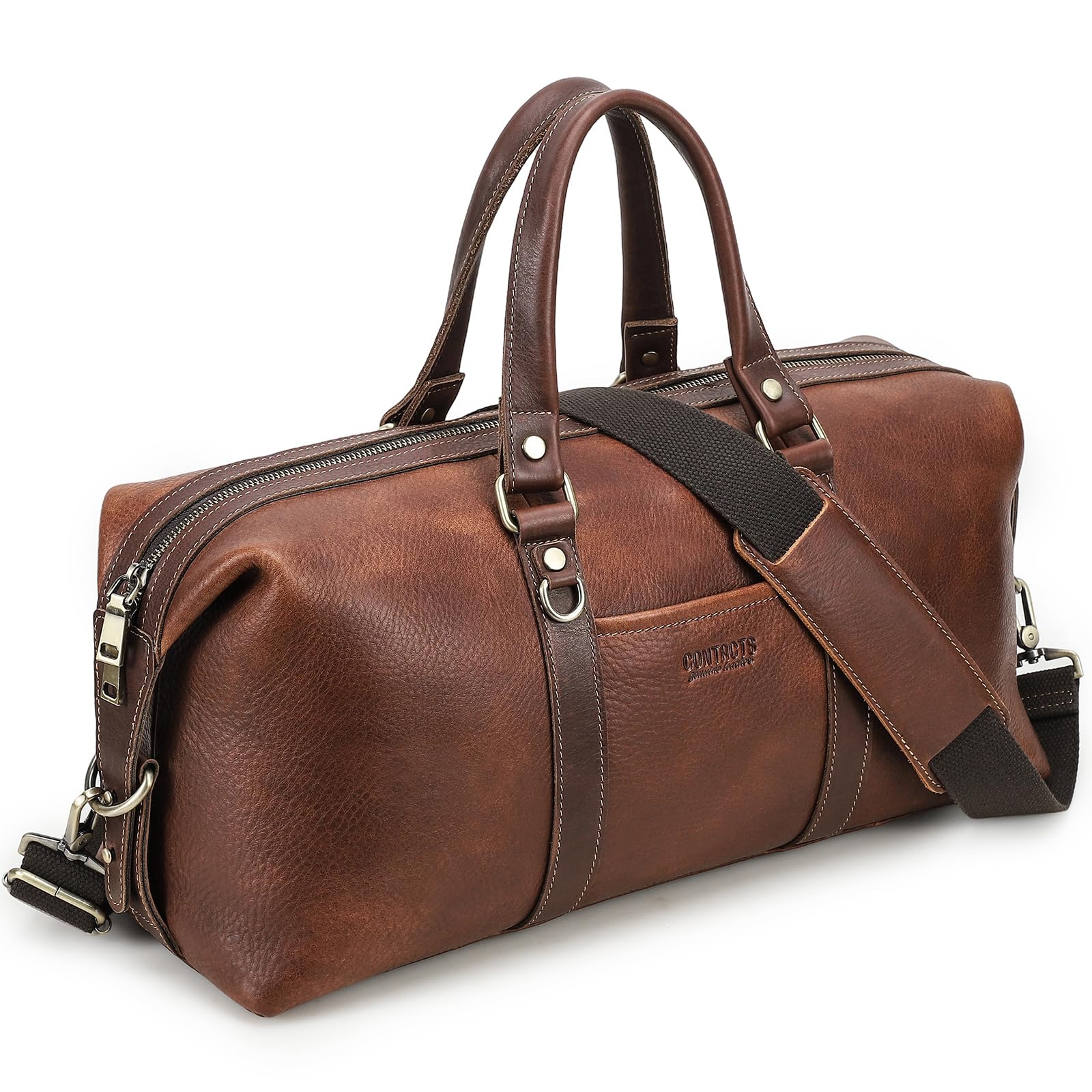 Contacts Bolsa de viaje de cuero para hombre, bolsa de viaje de cuero para fin de semana, bolsa de noche, bolsa grande para gimnasio, deportes, bolsa de transporte