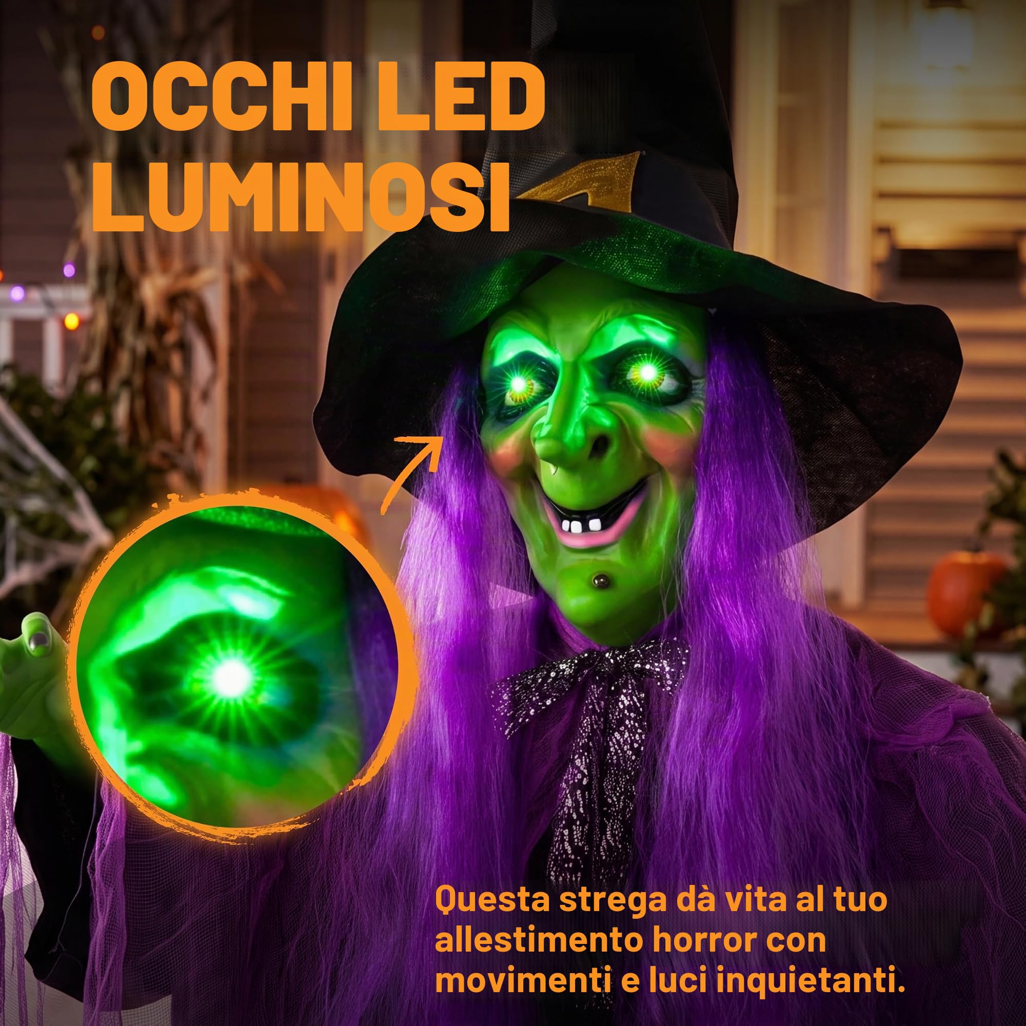 JOYIN 78"Decorazione Strega Appesa Halloween con Palla Magica,Strega Parlante Animata Appesa con Occhi Luminosi e Suono per Decorazioni Prato Casa Stregata Halloween