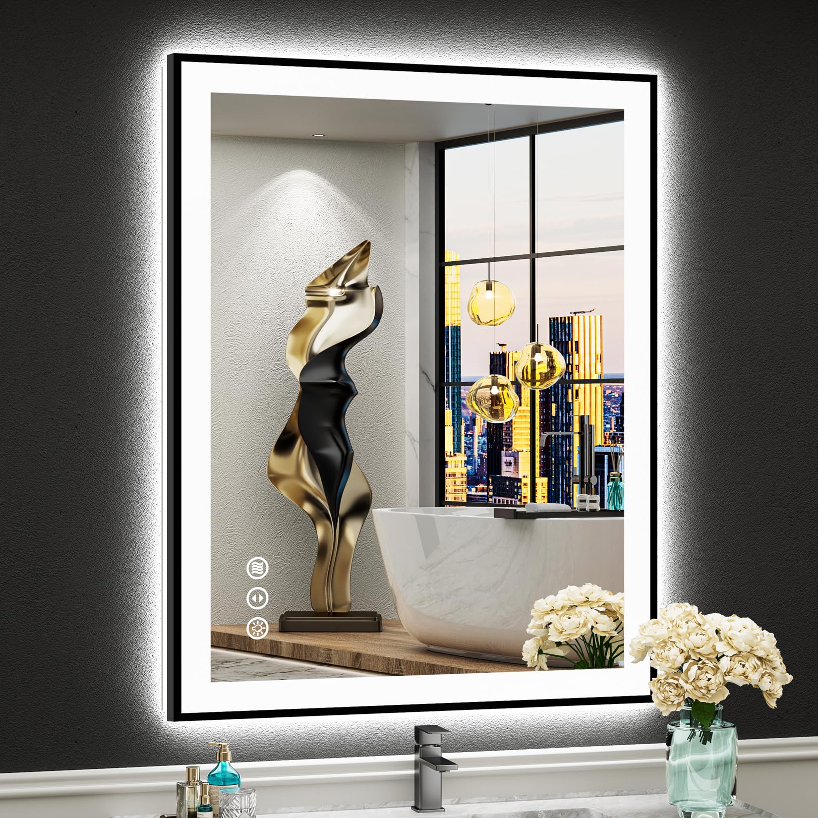 28x36 Black Framed LED Bathroom Mirror with Lights, Backlit and Front Lit Anti-Fog Lighted Vanity Mirror for Bathroom Wall, Dimmable, 3 Colors, Memory, Shatter-Proof, HD Tempered Glass, CRI 95