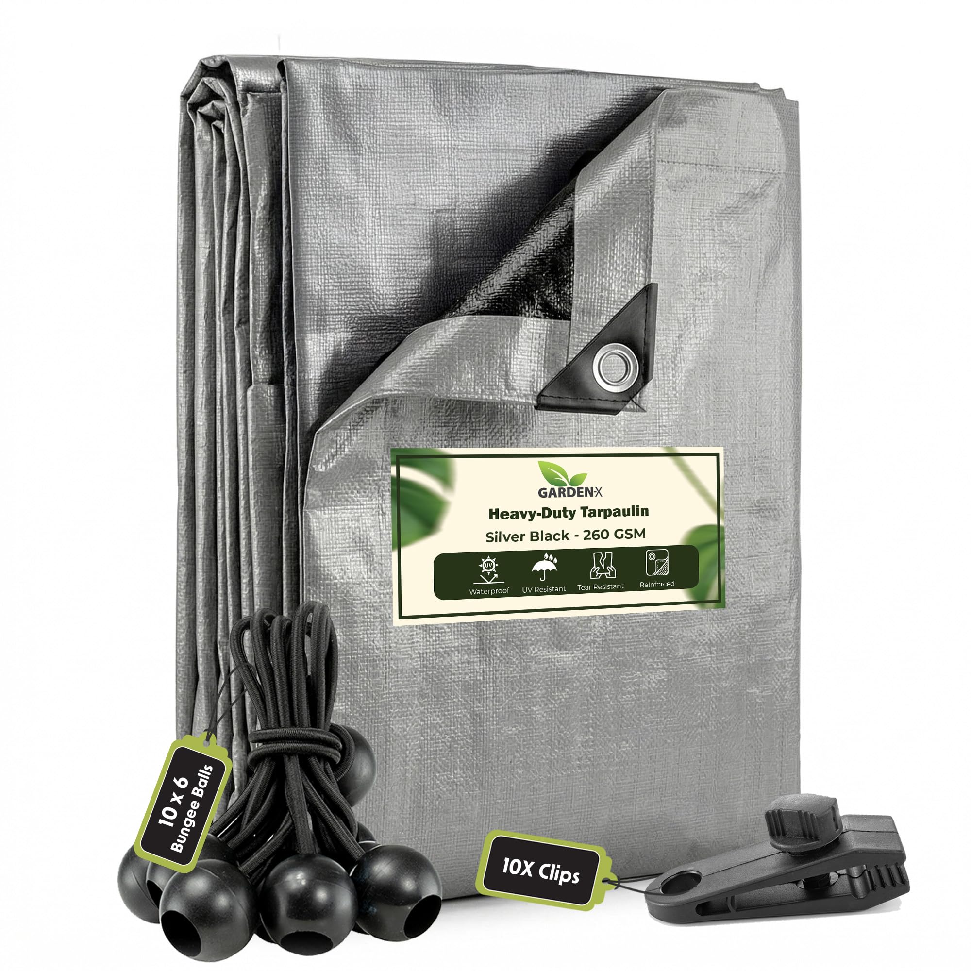 GARDENIX 3m x 3m Silver Heavy Duty 260gsm Tarpaulin Waterproof Tarp Sheet Cover, Groundsheet, Multipurpose, Reinforced Eyelets with 10 x 6" Bungee Balls (Black) and 10 x Screw Type Tarp Clips