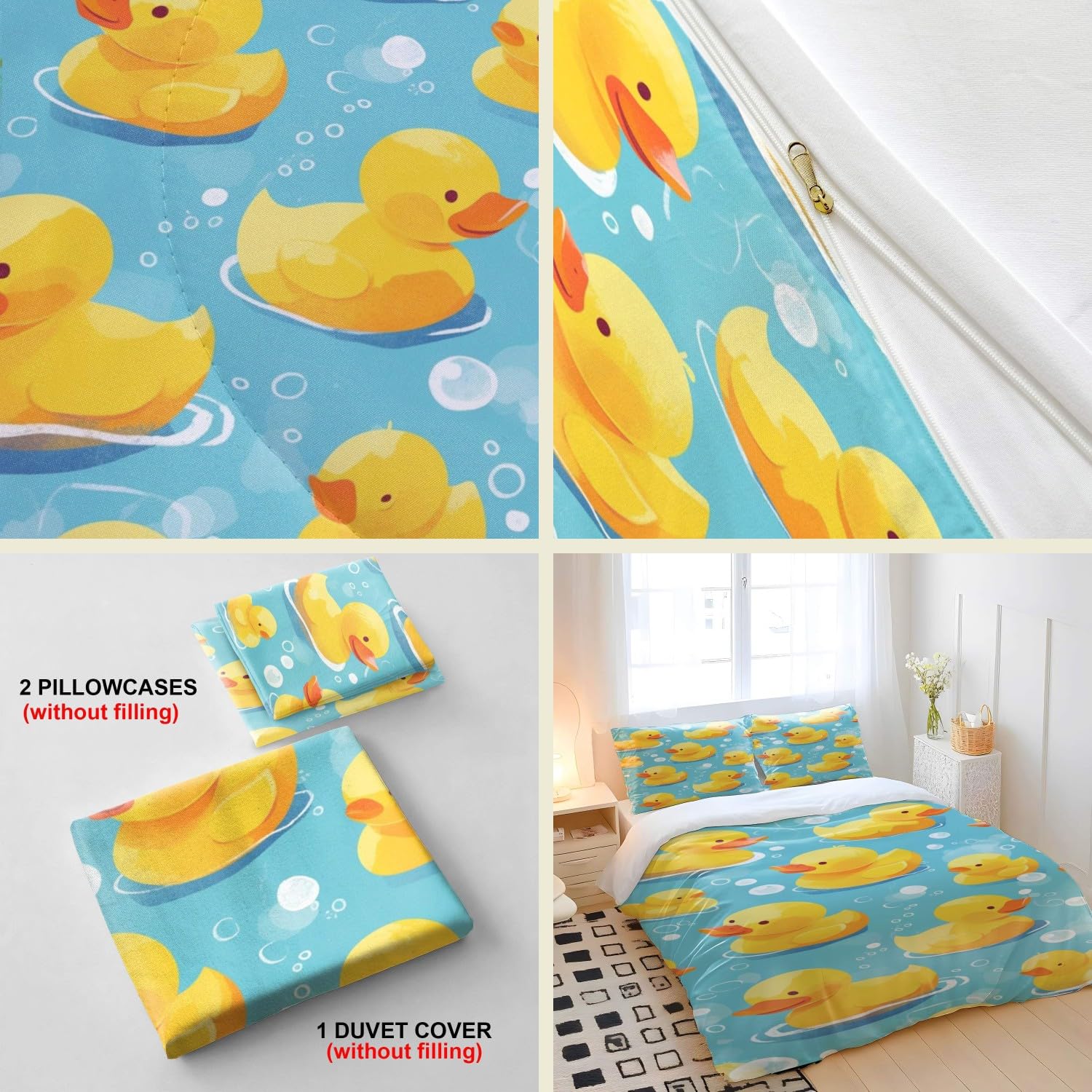 Juego de funda de edredón de pato de goma amarillo, tamaño King, juego de ropa de cama de estilo dibujos animados dibujados a mano, ropa de cama azul para cuna, decoración de habitación de niños
