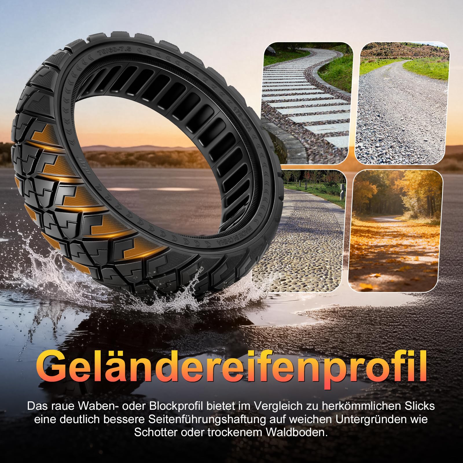 70/60-7,5 Vollreifen für Segway ZT3 Pro D, ZT3 Pro E, ZT3Pro, für Ninebot MAX G3 D Elektroroller Ersatzreifen Vollgummireifen Anti-Rutsch Off-Road Solide Reifen Pannensicher (1 Stück)