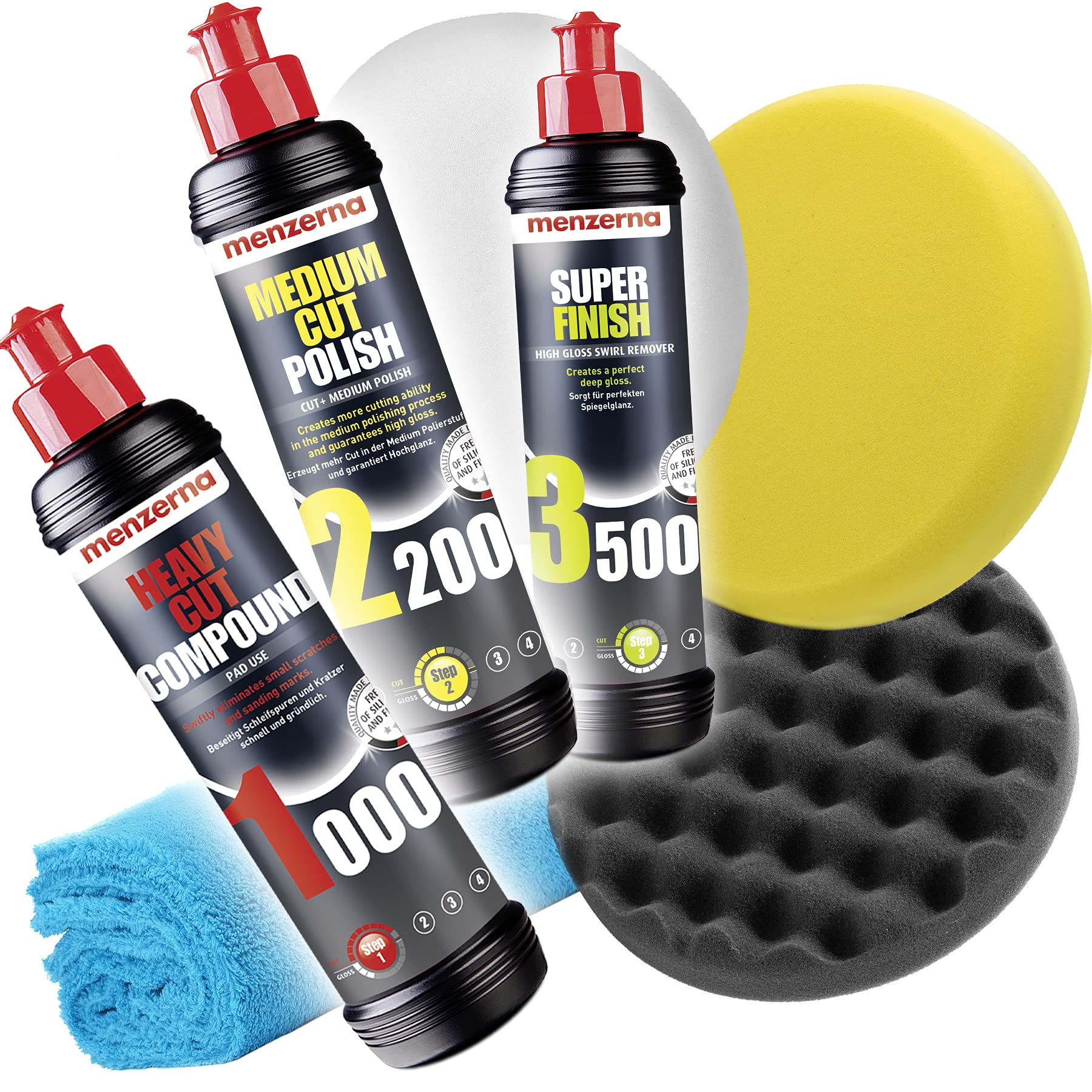 detailmate Juego de abrillantador de coche Menzerna 250 ml: Super Heavy Cut Compund HC1000 + Medium Cut 2200 + Super Finish SF3500 + 3 almohadillas de pulido Menzerna de 150 mm + paño de microfibra