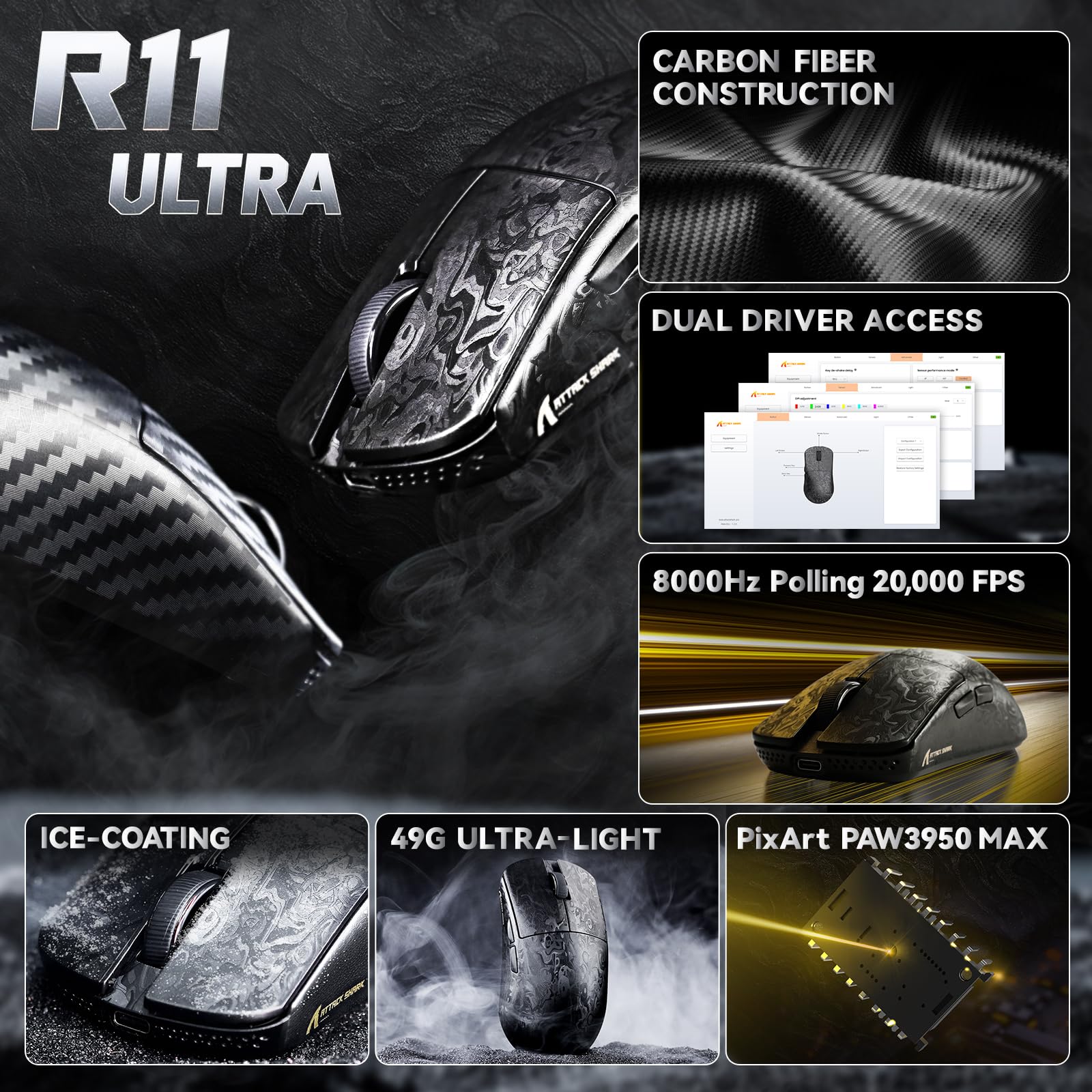 ATTACK SHARK R68 HE&R11 Ultra Carbon Fiber Gaming Keyboard and Mouse Combo,8KHz Rapid Trigger Wired Keyboard,0.005mm RT Accuracy,Immersive RGB+49g 8000HZ Wireless Mouse PAW3950MAX,42K DPI,Coiled Cable - 4