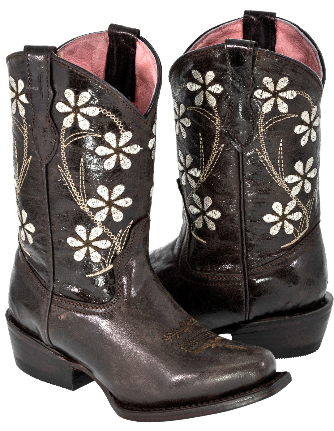 Veretta BootsKids Dark Brown Flower Embroidered Western Cowboy Boots Snip Toe