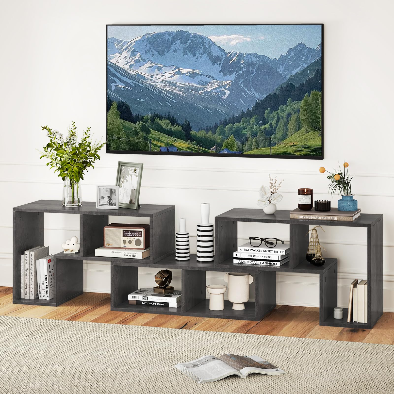 COSTWAY Mobile Porta TV Combinabile con Ripiani Aperti, per TV Fino a 65 Pollici, Mobile TV di Legno per Camera da Letto, Soggiorno, Capacità di Carico Massima 80 kg, 134-180 x 30 x 43 cm (Grigio)