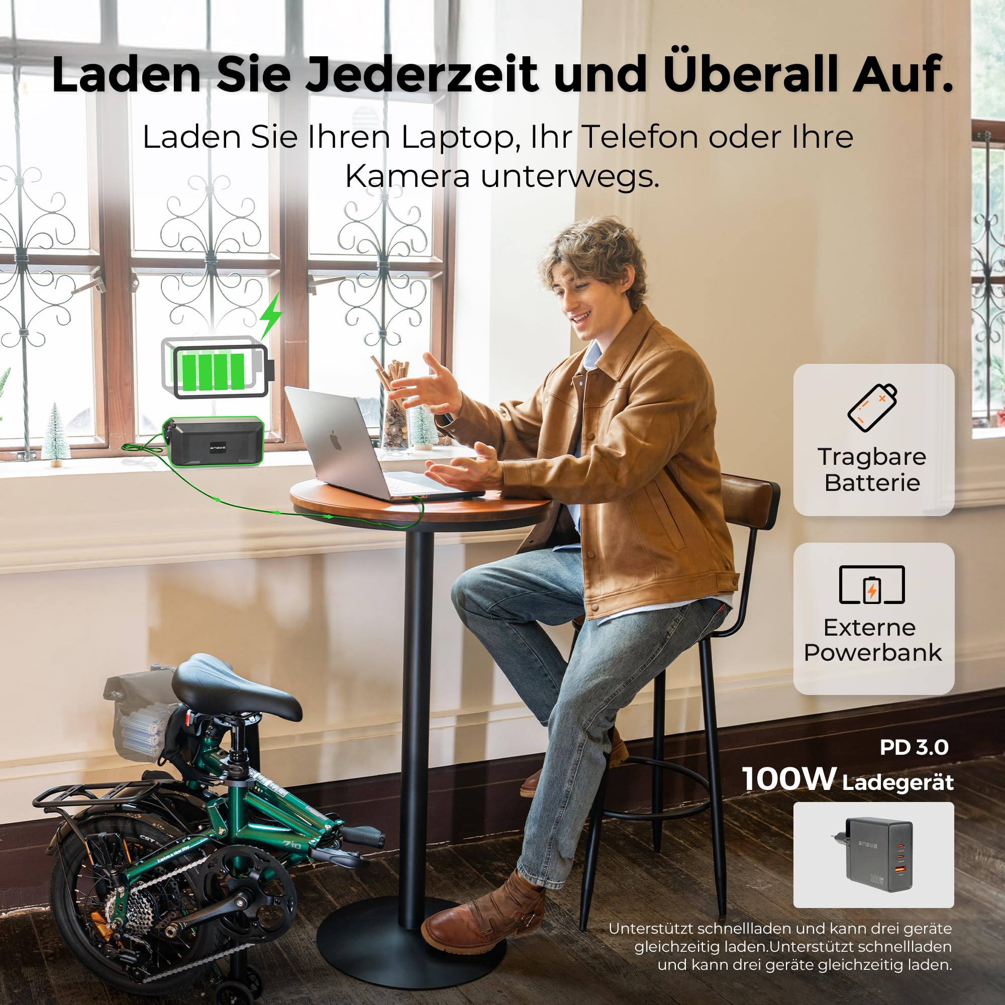 ENGWE Zip 16.9KG Ultraleichtes Zusammenklappbares Elektrofahrrad, 36V 10Ah Tragbarer Akku mit Bis zu 120KM, Drehmomentsensor und Hydraulische Bremsen, Mit Scheinwerfer und Reflektoren, 7 Gänge