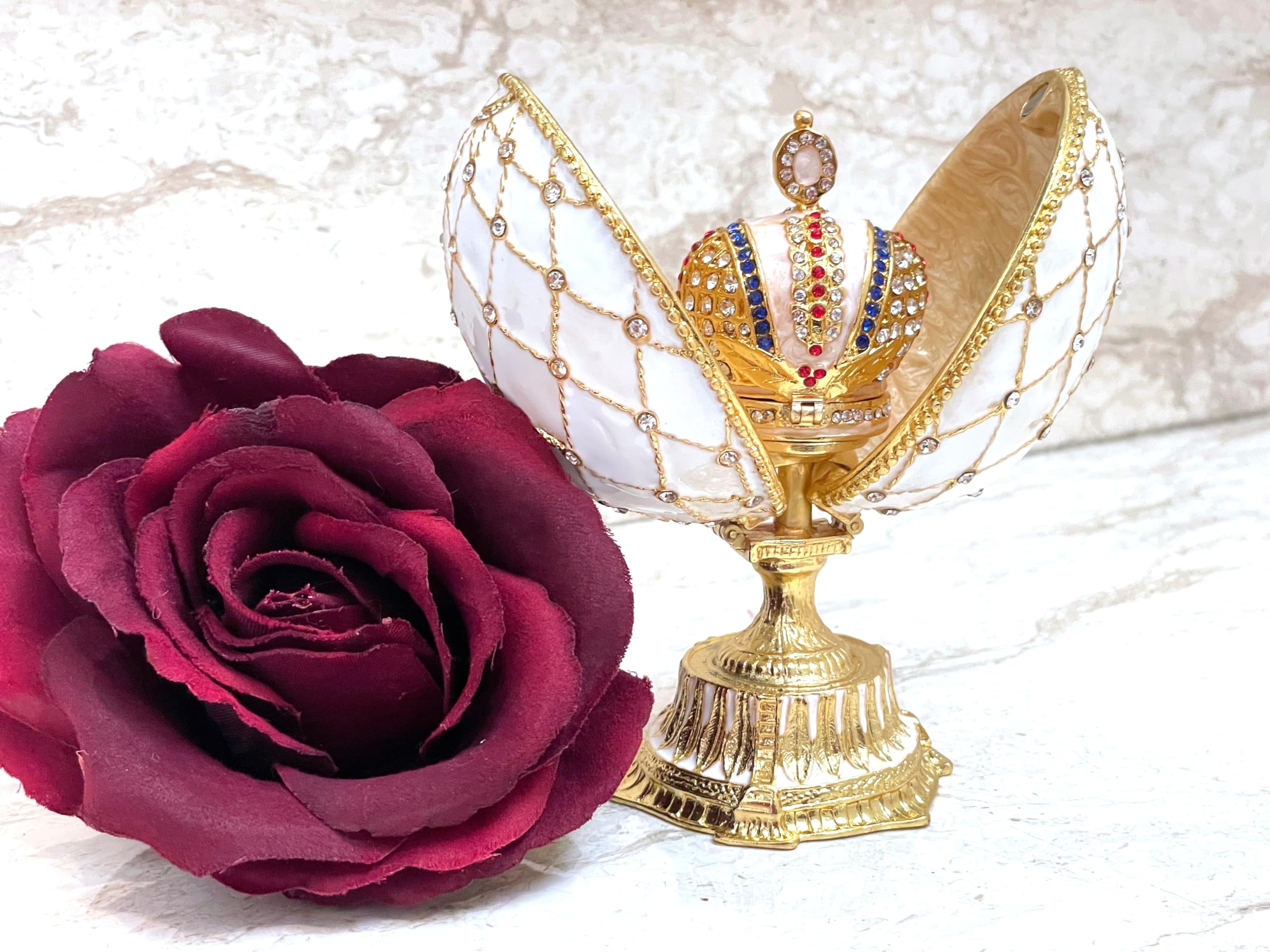 Royal White Imperial Egg 24KGOLD 4ct Collectors Egg Russian Jewelry Box Decorative Egg Trinket Box HAND Decorated with 333 Austrian Crystal GEMS Jewellery Gift for Mom Mothers Day Surprise