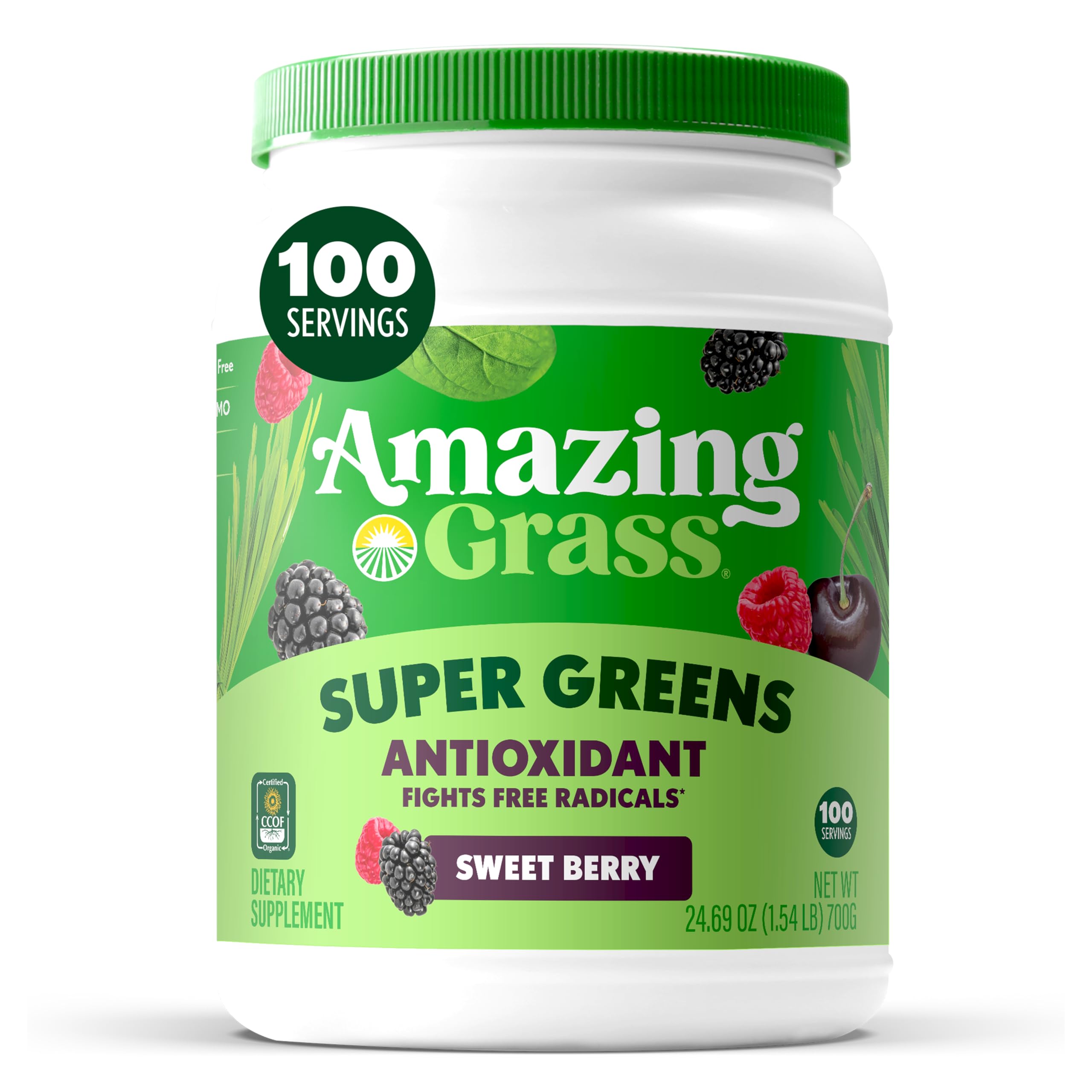 Amazing Grass Greens Blend Antioxidant: Super Greens Powder Smoothie Mix with Organic Spirulina, Beet Root Powder,Elderberry & Probiotics, Sweet Berry, 100 Servings (Packaging May Vary)