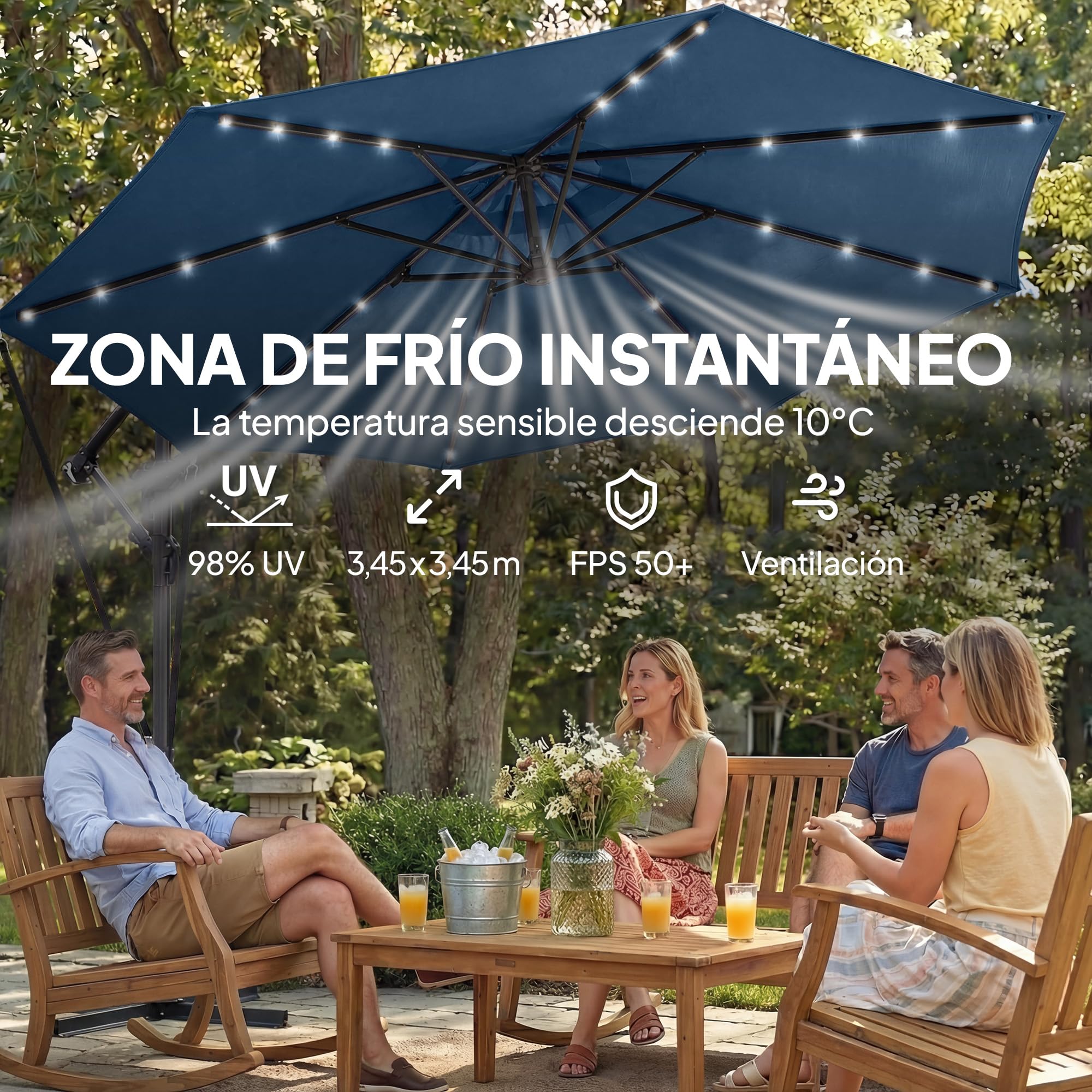 Outsunny Parasol Excéntrico con Luces LED Solares Ø345 cm Azul Marino | Sombrilla de Jardín de Aluminio, Base Cruzada, Manivela, Funda Protectora, Cuerdas de Viento, UPF50+, Terraza Exterior