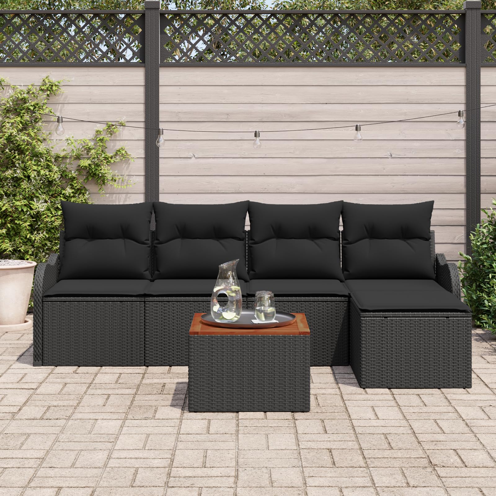 Juego de 6 sofás de jardín con cojines, ratán sintético negro y acacia, sofá de jardín modular