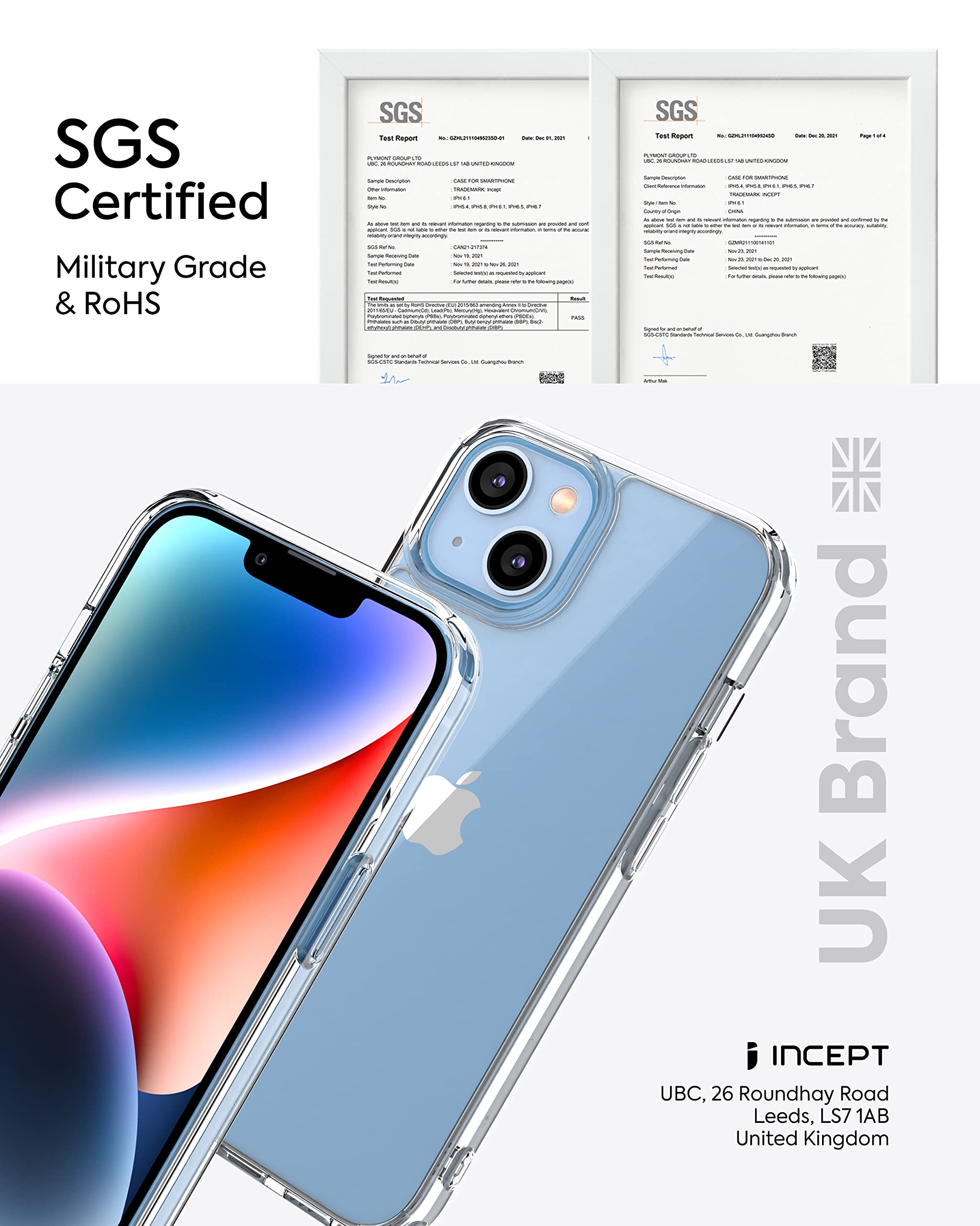 Incept 3 in 1 for iPhone 14 Plus 6.7 Inch Clear Case [SGS Military Grade Protection] Phone Case with 2 Screen Protector Glass [Anti-Yellow Tech] Shockproof Hard Back with Soft TPU Protective