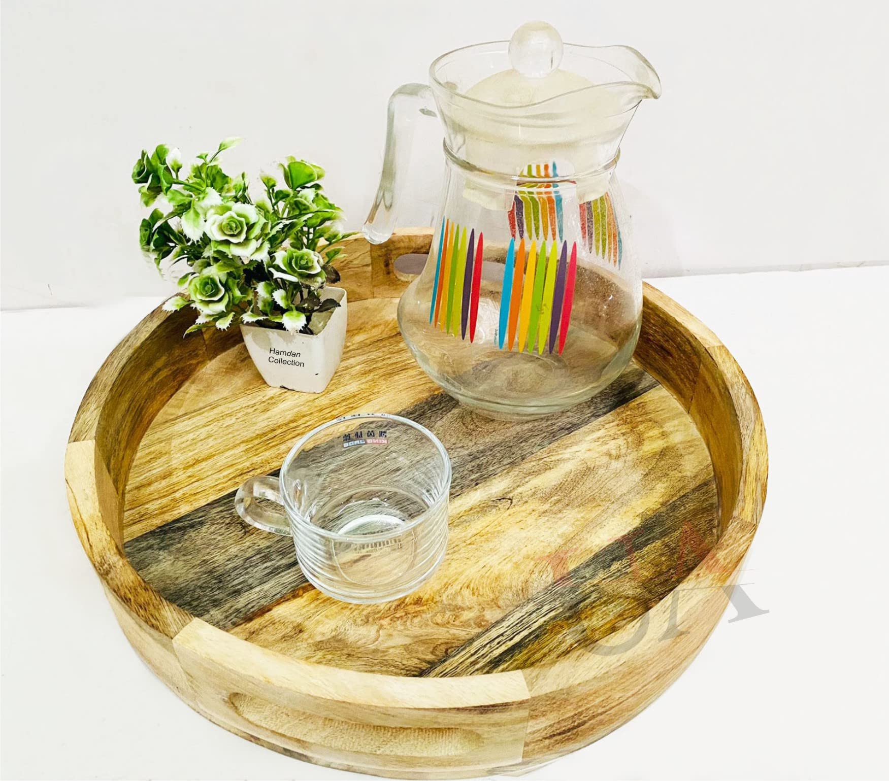 Hamdan Collection Round Tray Handles, Tea & Coffee Table Decorative Serving Tray Food Storage Platters for Serving Beverages & Food on Bar Living Room Home Dining Table(Natural Finish)