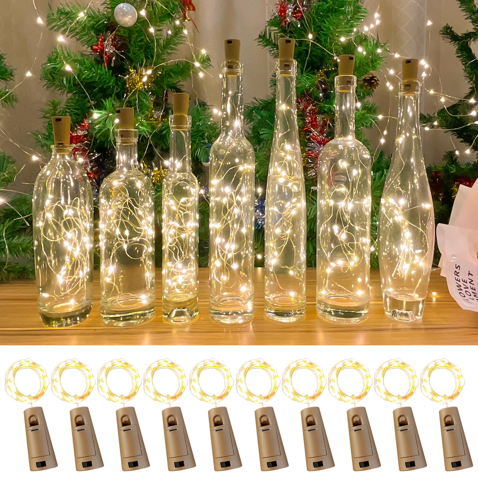 LEECOCO LED Flaschenlichterkette 2m, 20 LEDs, Flaschenkorken Lichterkette für Weihnachten, Party und Hochzeit - Dekorative Lichter für Flaschen, Gläser & Deko (10 Stück Warmweiß)