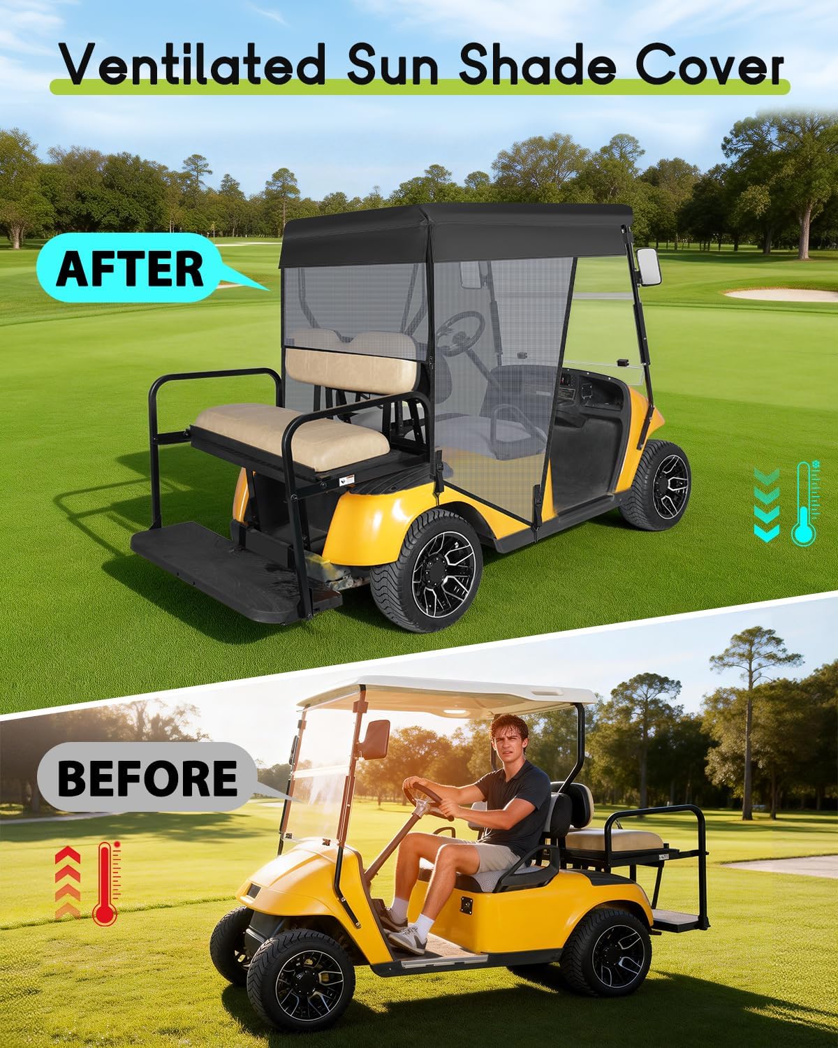 Golf Cart Sun Shade Cover for Club Car Precedent DS EZGO TXT RXV EXCAR 2 Passenger 59" Roof UV Breathable Mesh Sunshade Curtain Gray