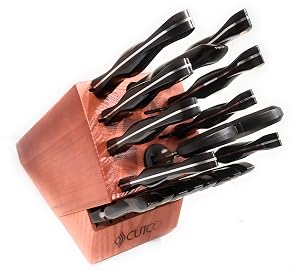 Cutco 21 Piece Kitchen Set with Cherry Finish Oak Block 8 Table Knives Paring Trimmers Santoku Chopper Chef