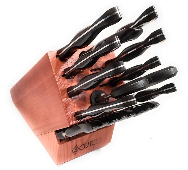 Cutco 21 Piece Kitchen Set with Cherry Finish Oak Block 8 Table Knives Paring Trimmers Santoku Chopper Chef