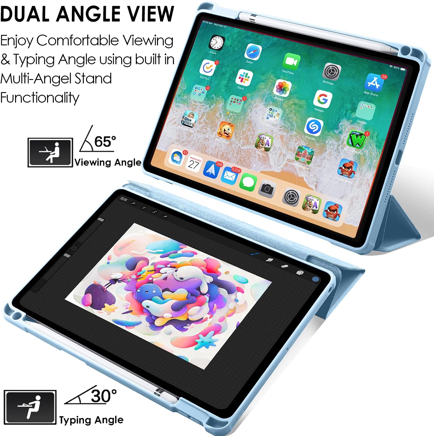 DuraSafe Cases for iPad Air 6th 2024 / Air 11" Air 5th 2022 Air 4th 2020 10.9 Inch A2588 A2316 MM6R3LL/A MM6T3LL/A Rugged Shell TPU Corner PC Transparent Back Case Pencil Holder - Light Blue